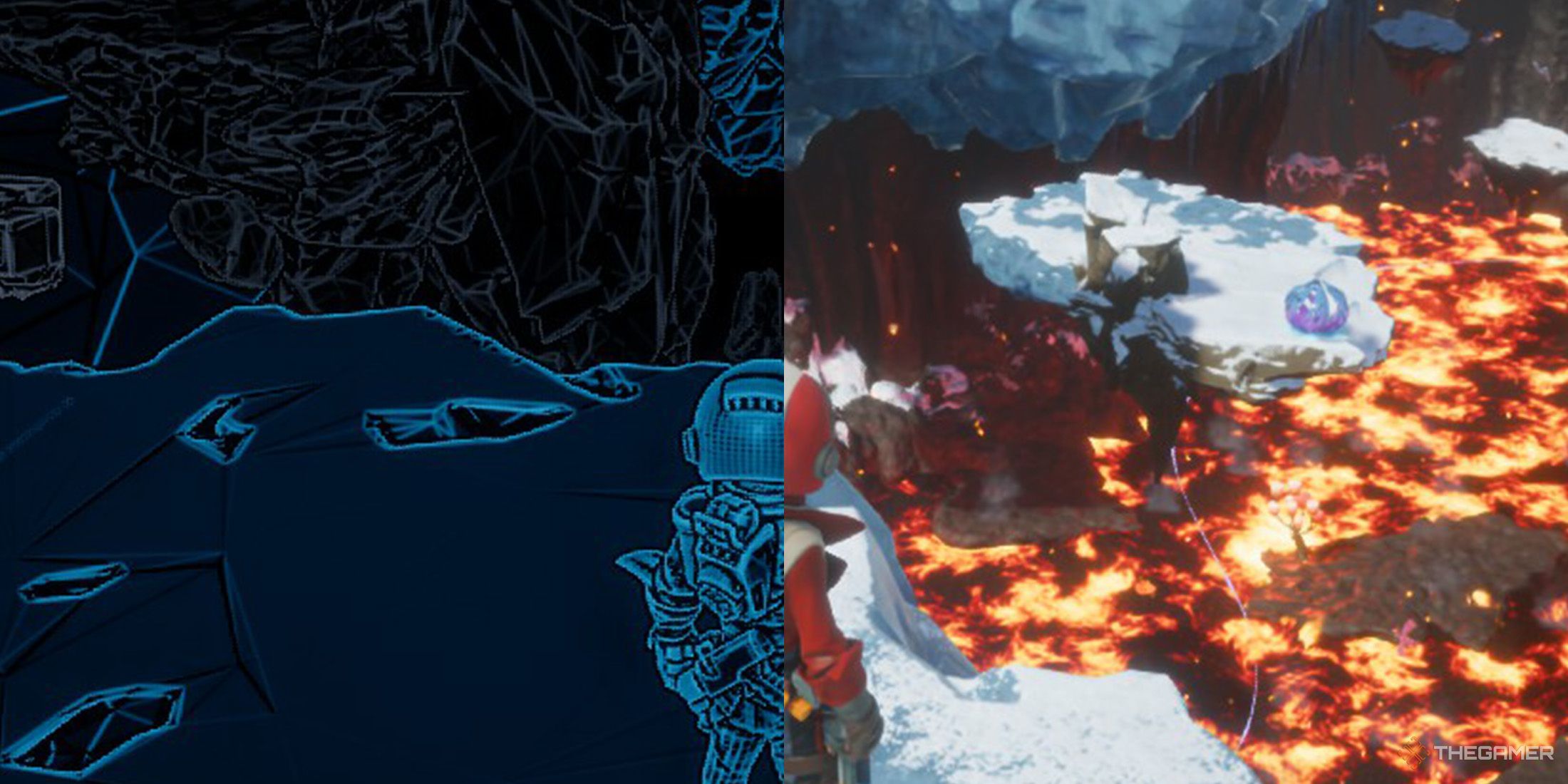 A split image of the Zenithian Rift and the left side shows the scan mode of a scene in Revenge of the Savage Planet.