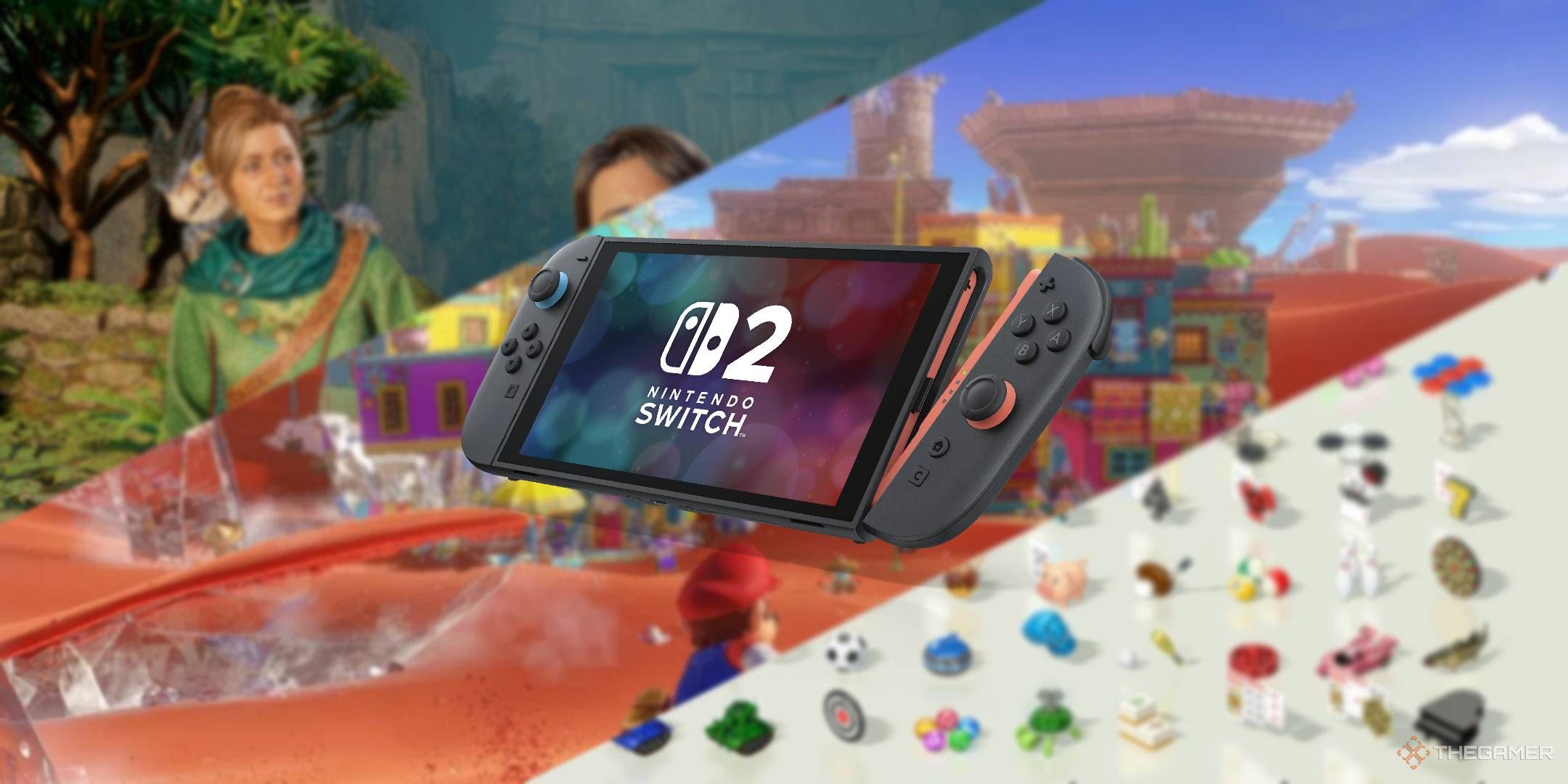 A Switch 2 layered over its gameshare titles.