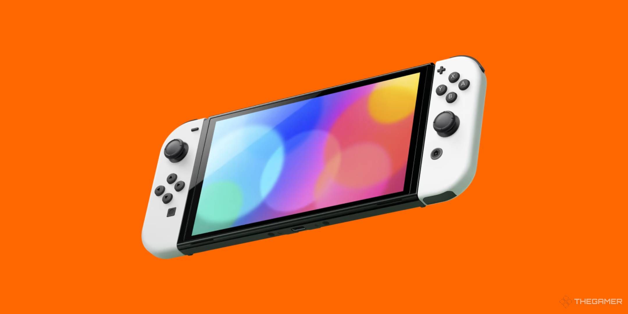a white switch oled on an orange background.