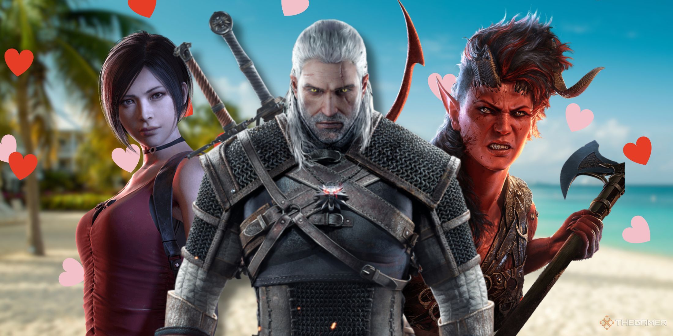 Ada Wong, Geralt, and Karlach standing in front of a beach.