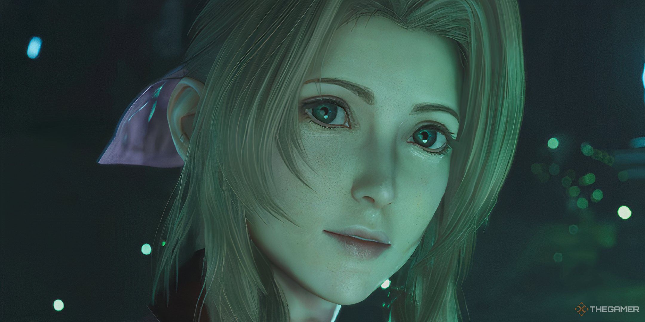 Aerith faces the camera in Midgar in Final Fantasy VII Remake.