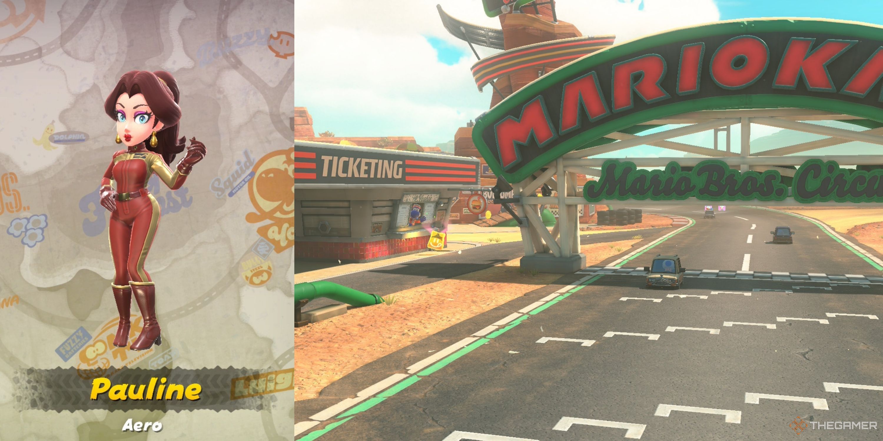 Aero Pauline and the starting line from Mario Bros. Circuit in Mario Kart World.