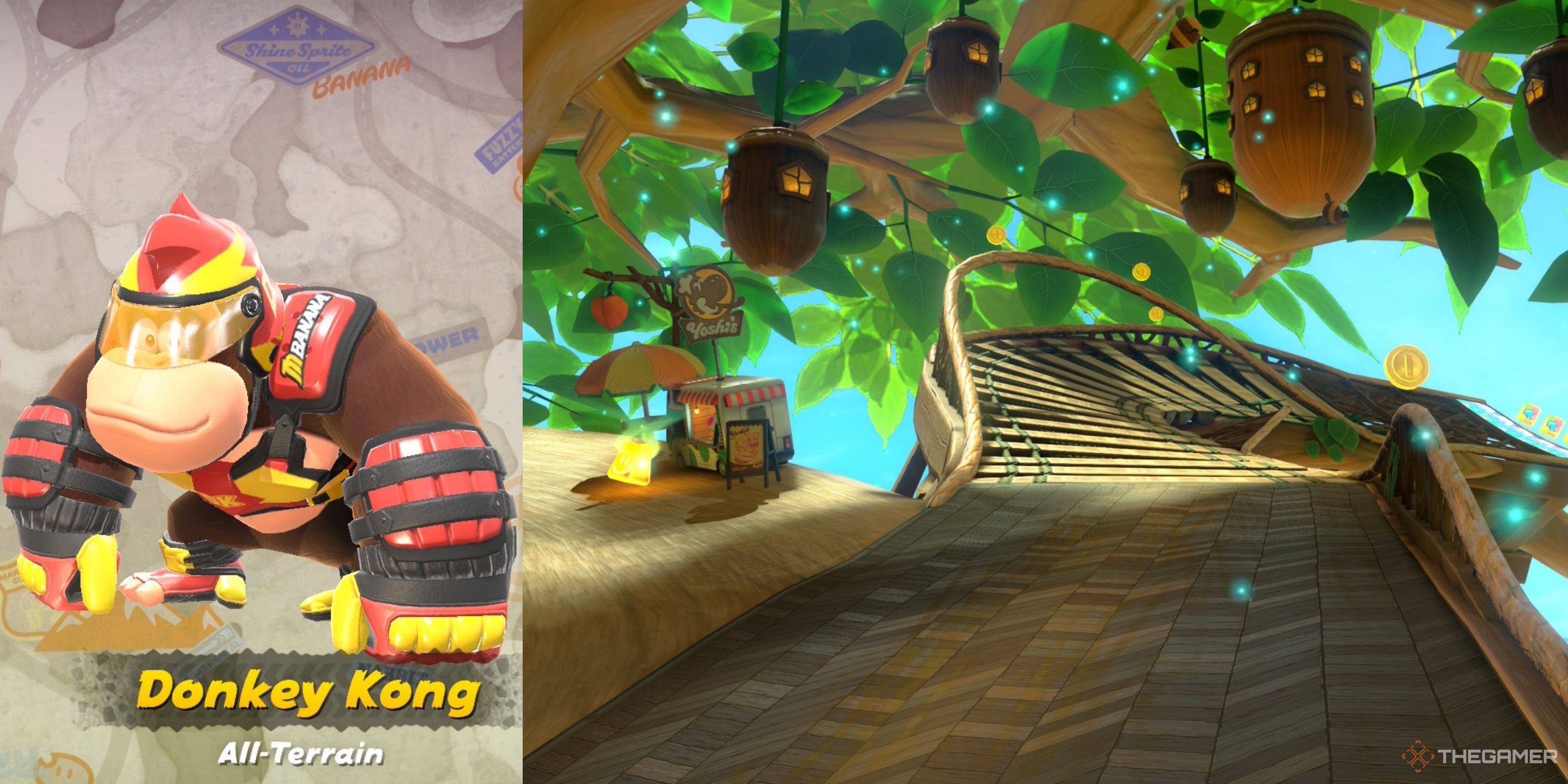 All-Terrain Donkey Kong and the bridge from Acorn Heights in Mario Kart World.