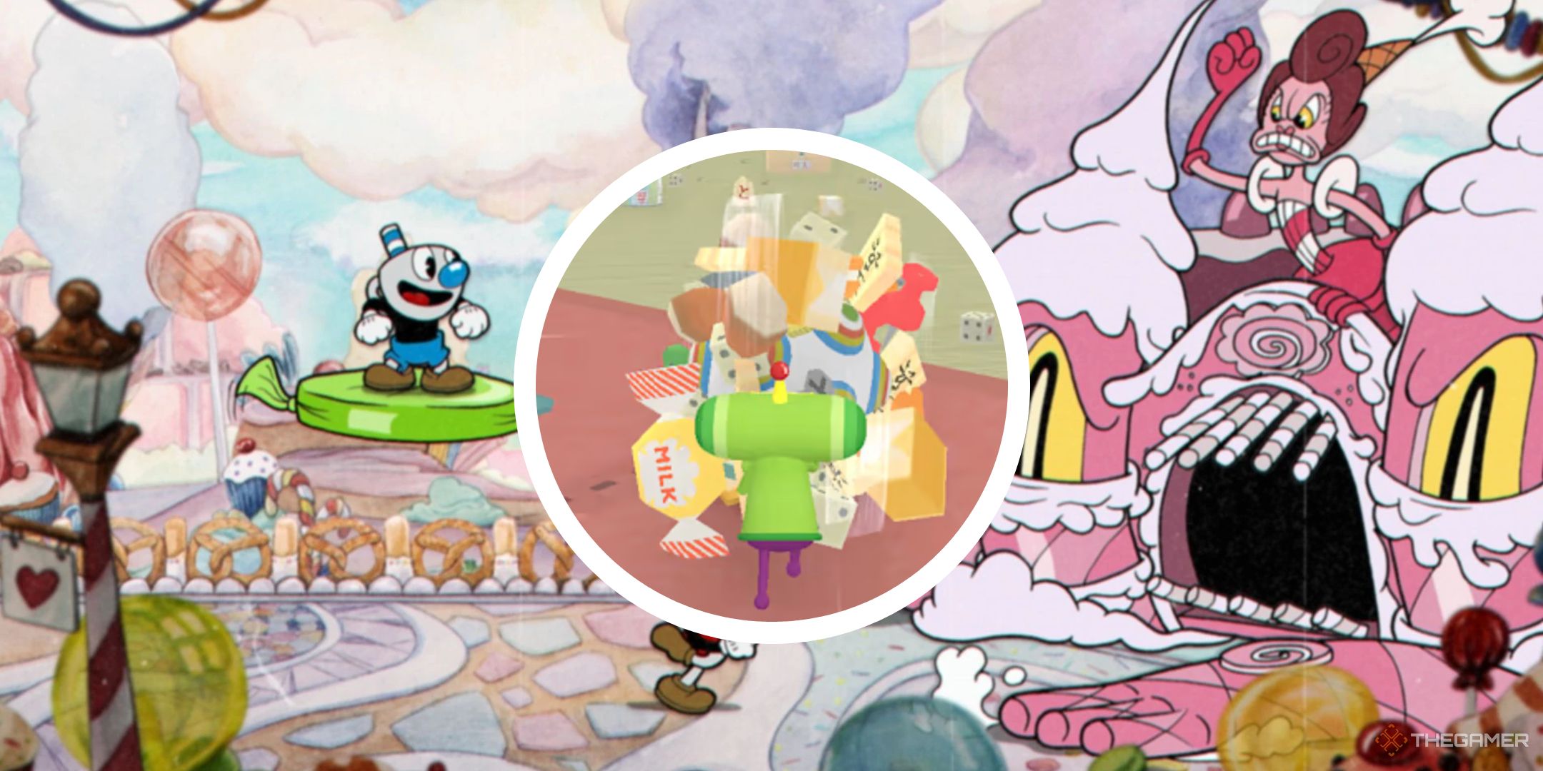 An image from Cupheads Sugarland Shimmy with a PNG from Katamari Damacy on top.