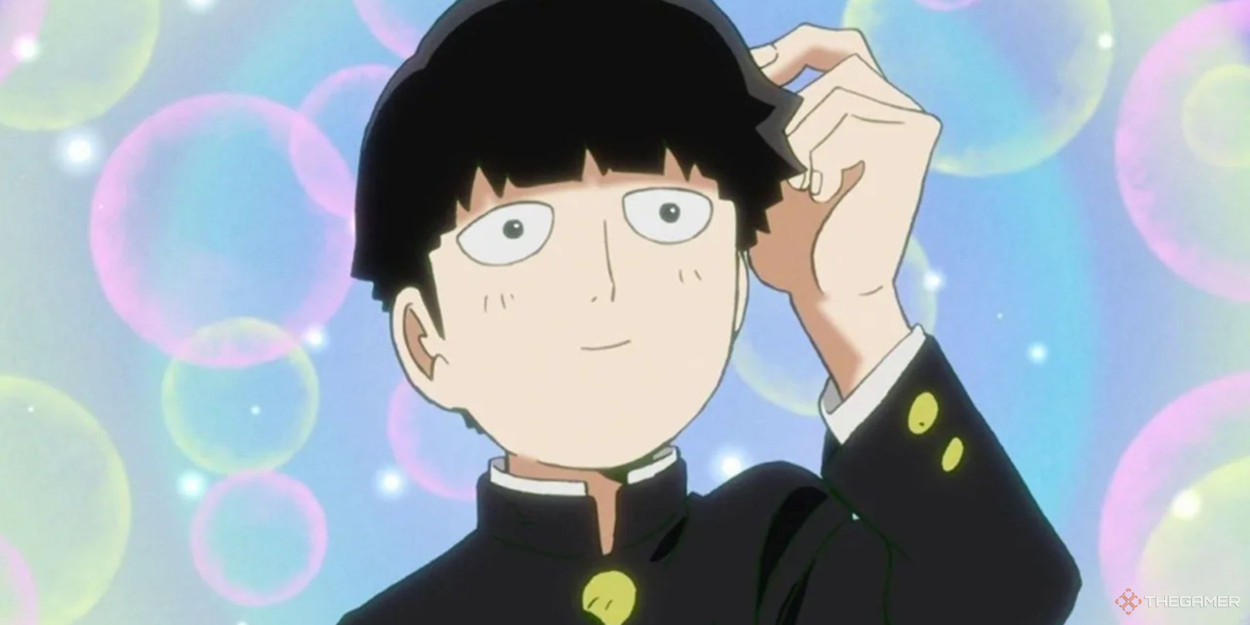 Mob playing with his hair in front of pretty colored bubbles with a big smile on his face in Mob Psycho 100.