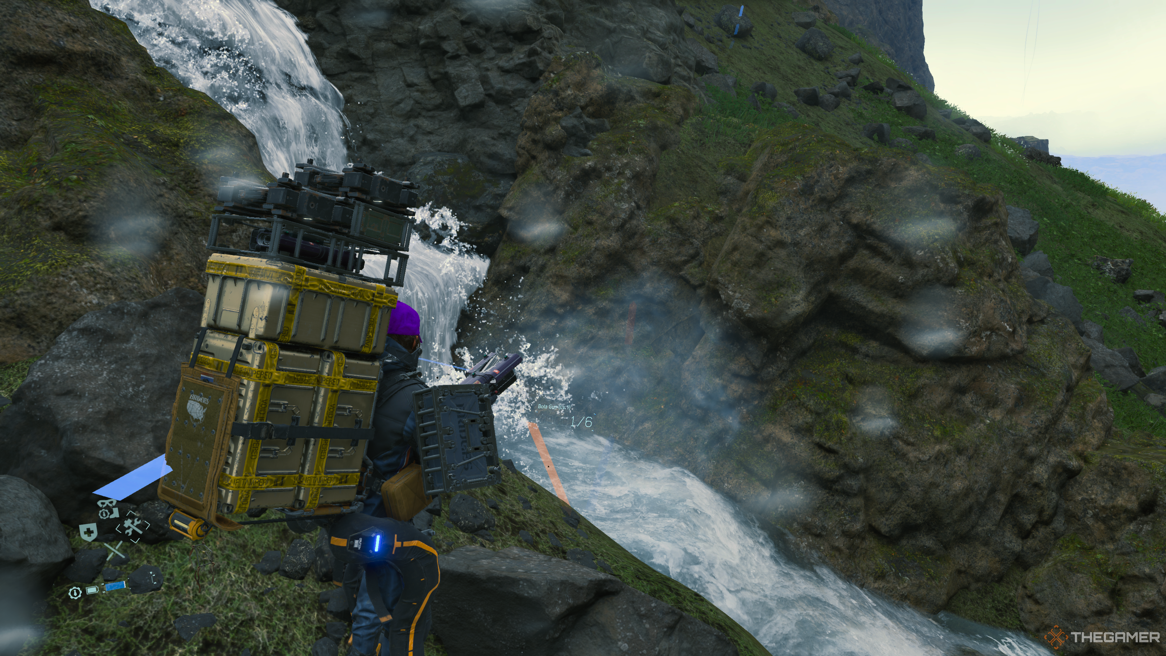 Approaching a fast-moving mountain stream in Death Stranding