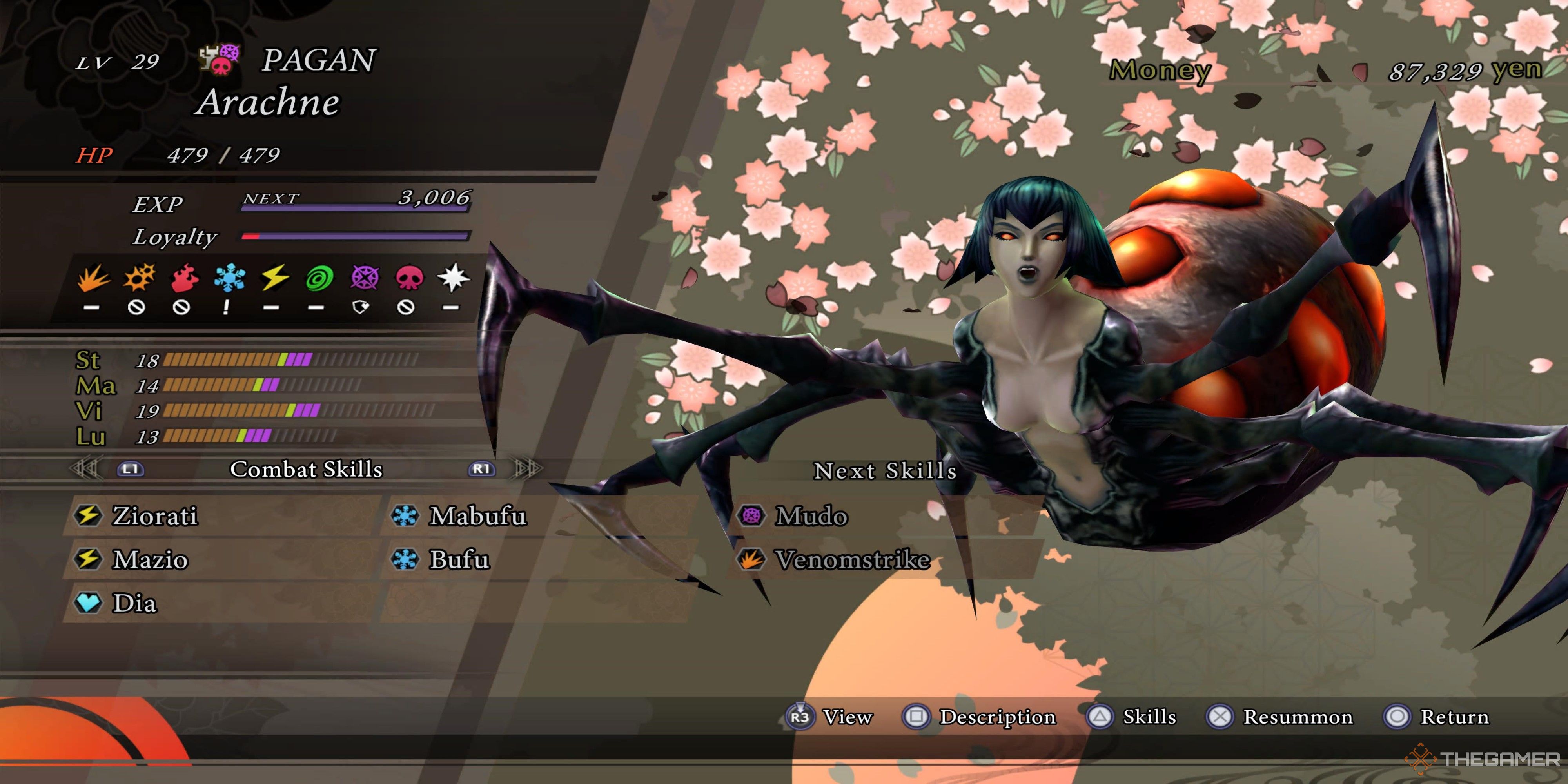 Arachne demon screen and stats from raidou remastered.