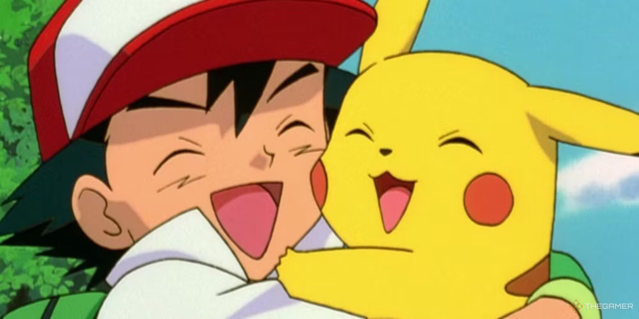 Ash and Pikachu smiling together in the Pokemon anime.