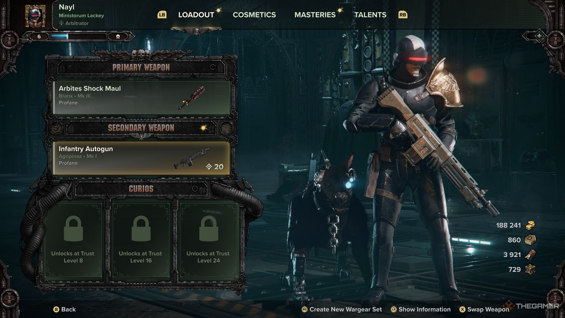 An arbiter and cyber-mastiff in the Warhammer 40,000: Darktide customization screen.