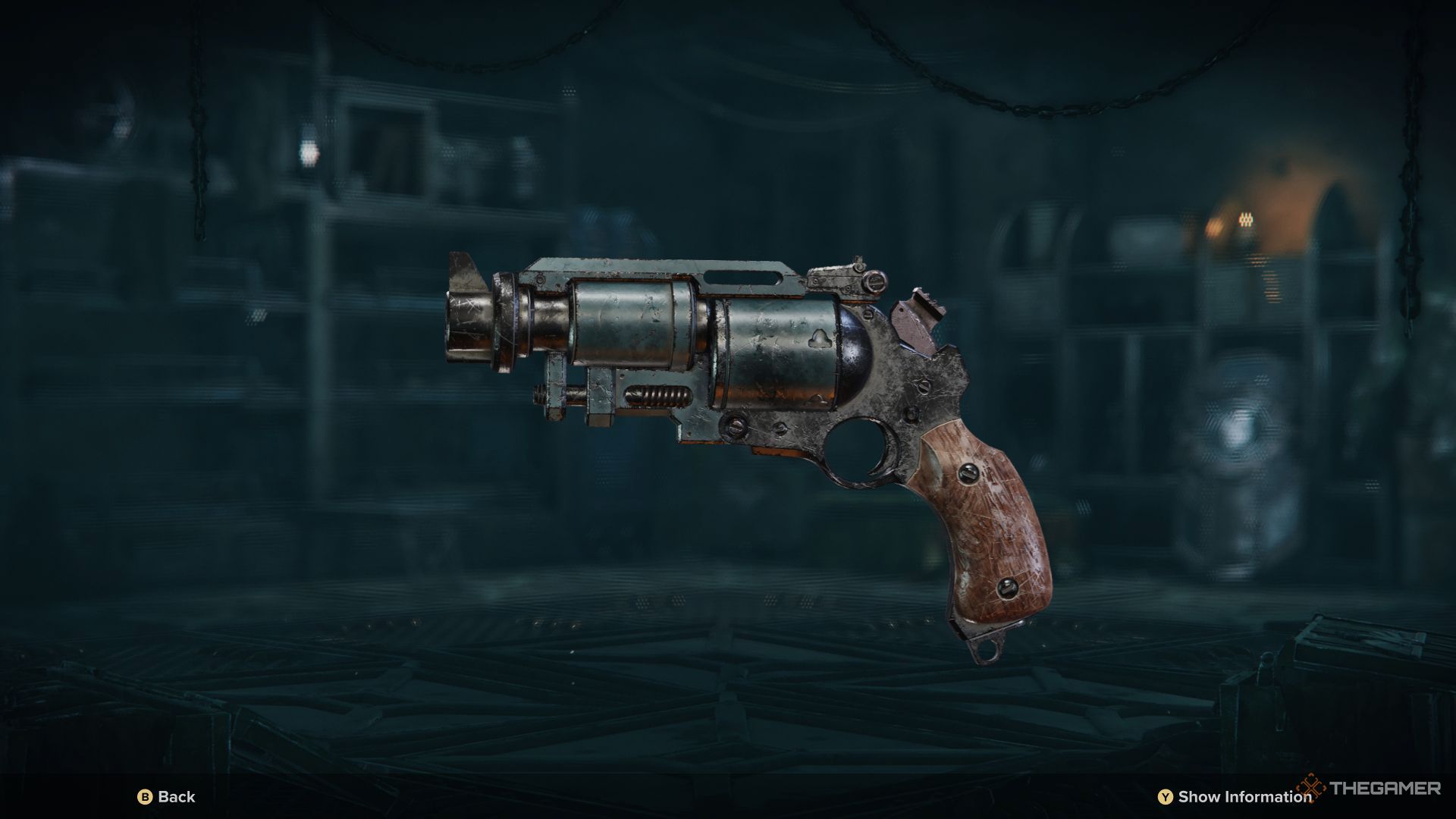 A stub-gun up close in a menu in Warhammer 40,000: Darktide.