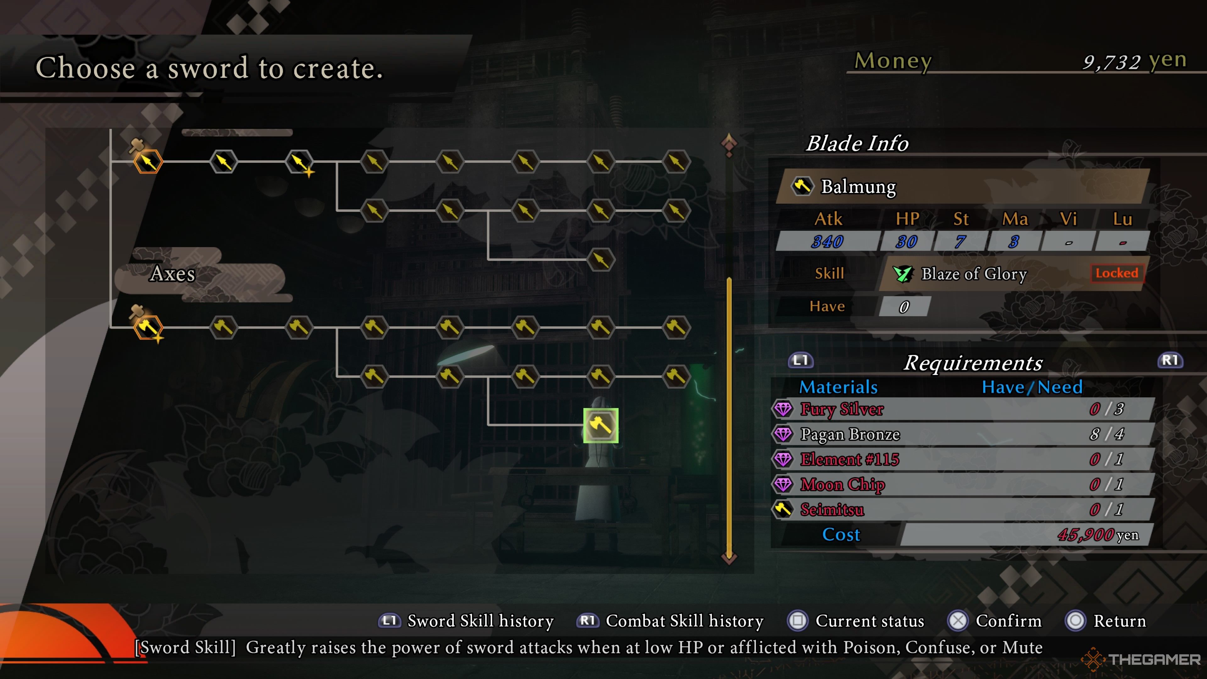 Balmung axe overview in Raidou Remastered The Mystery of the Soulless Army.