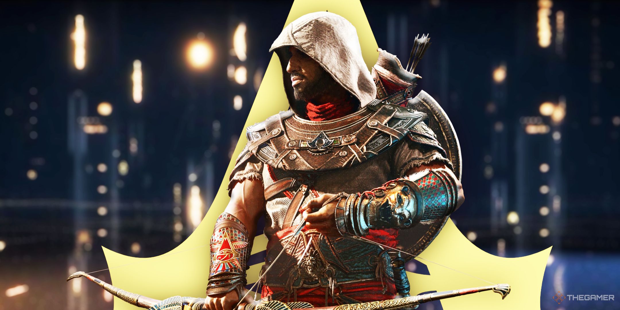 Bayek from Assassins Creed Origins standing in the Animus loading screen in front of the game's logo.