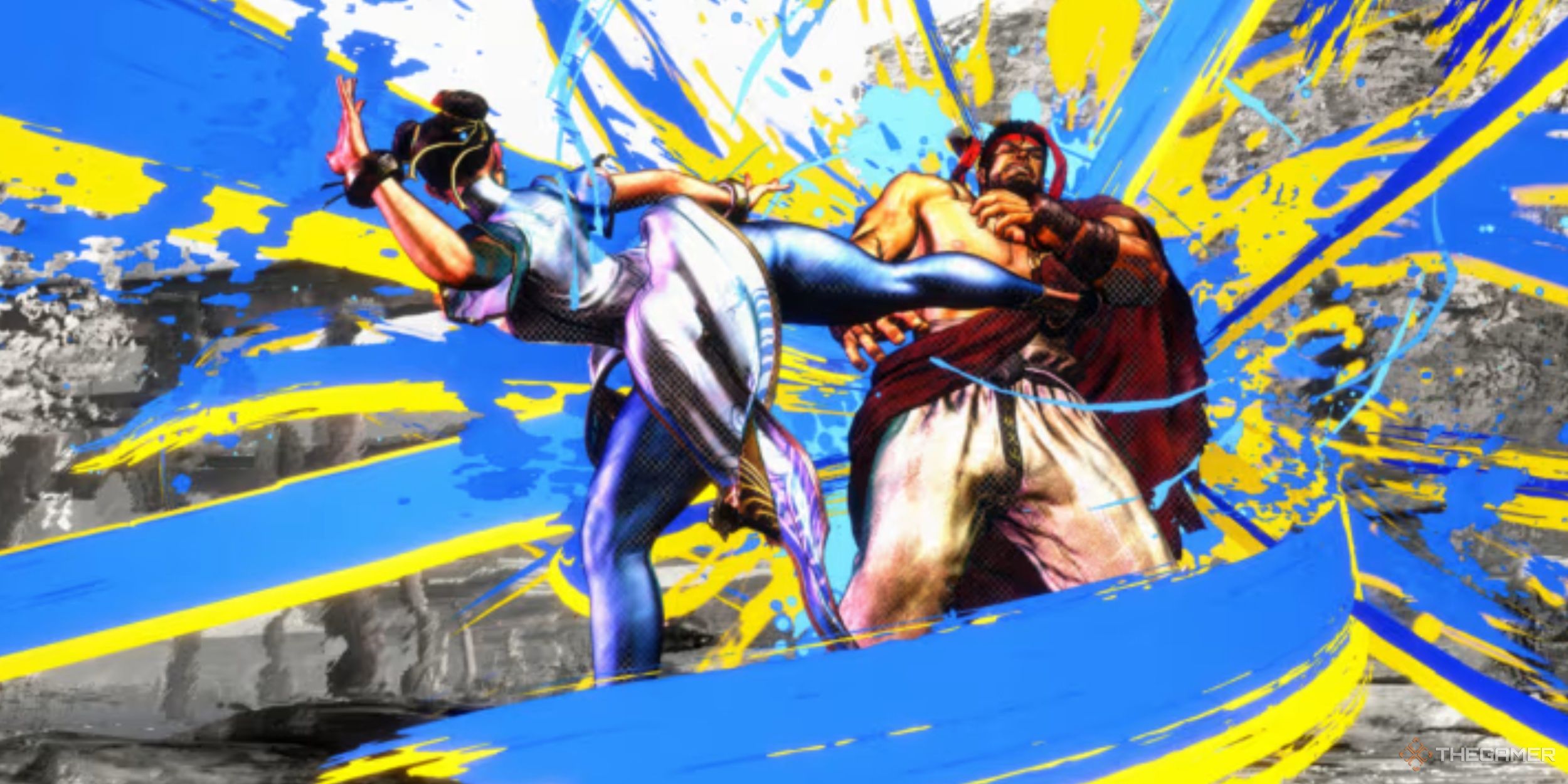 Chun-Li executing a Drive Impact on Ryu in Street Fighter 6.