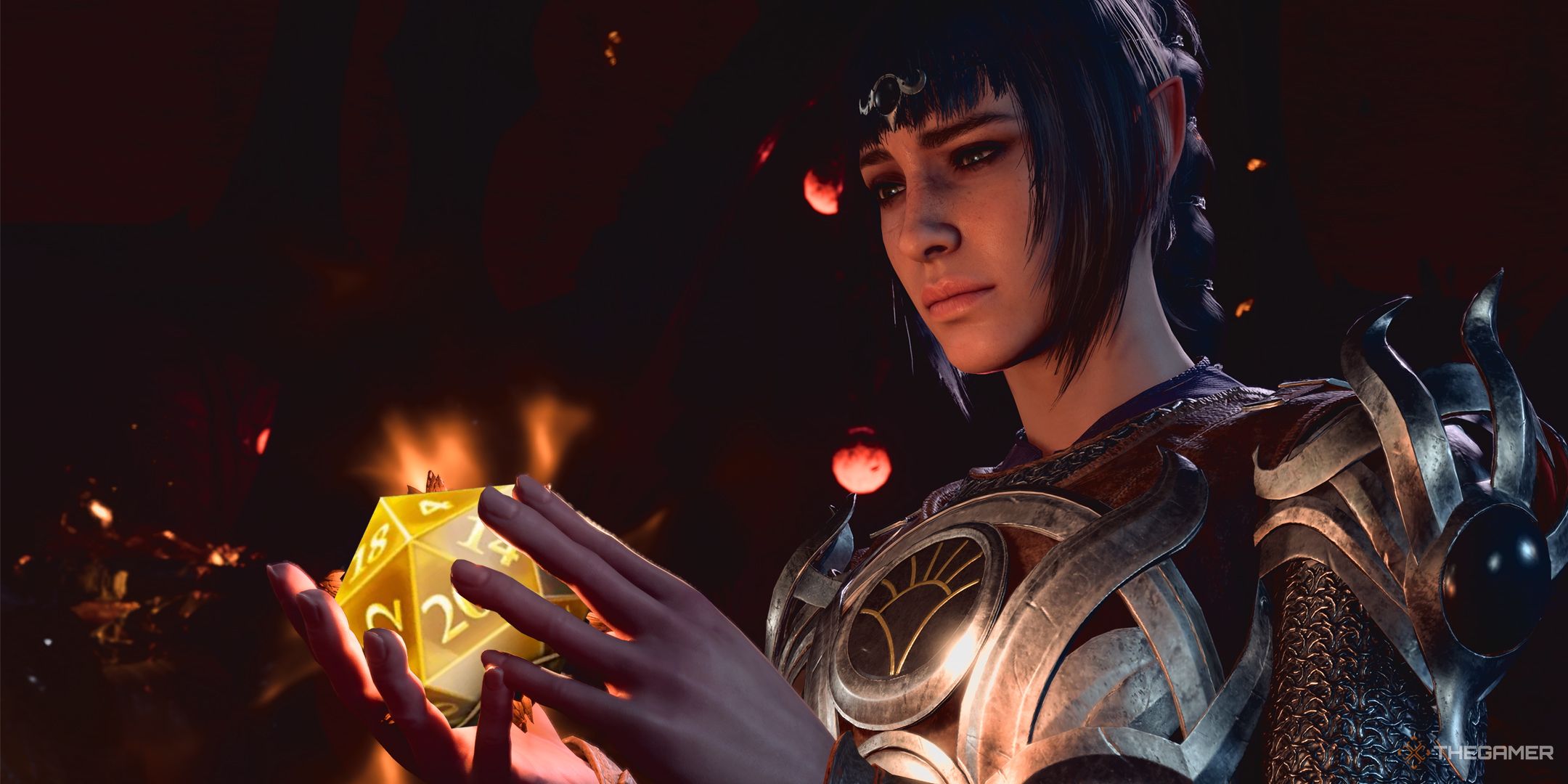 Shadowheart holding the Honour Mode golden dice in Baldur's Gate 3