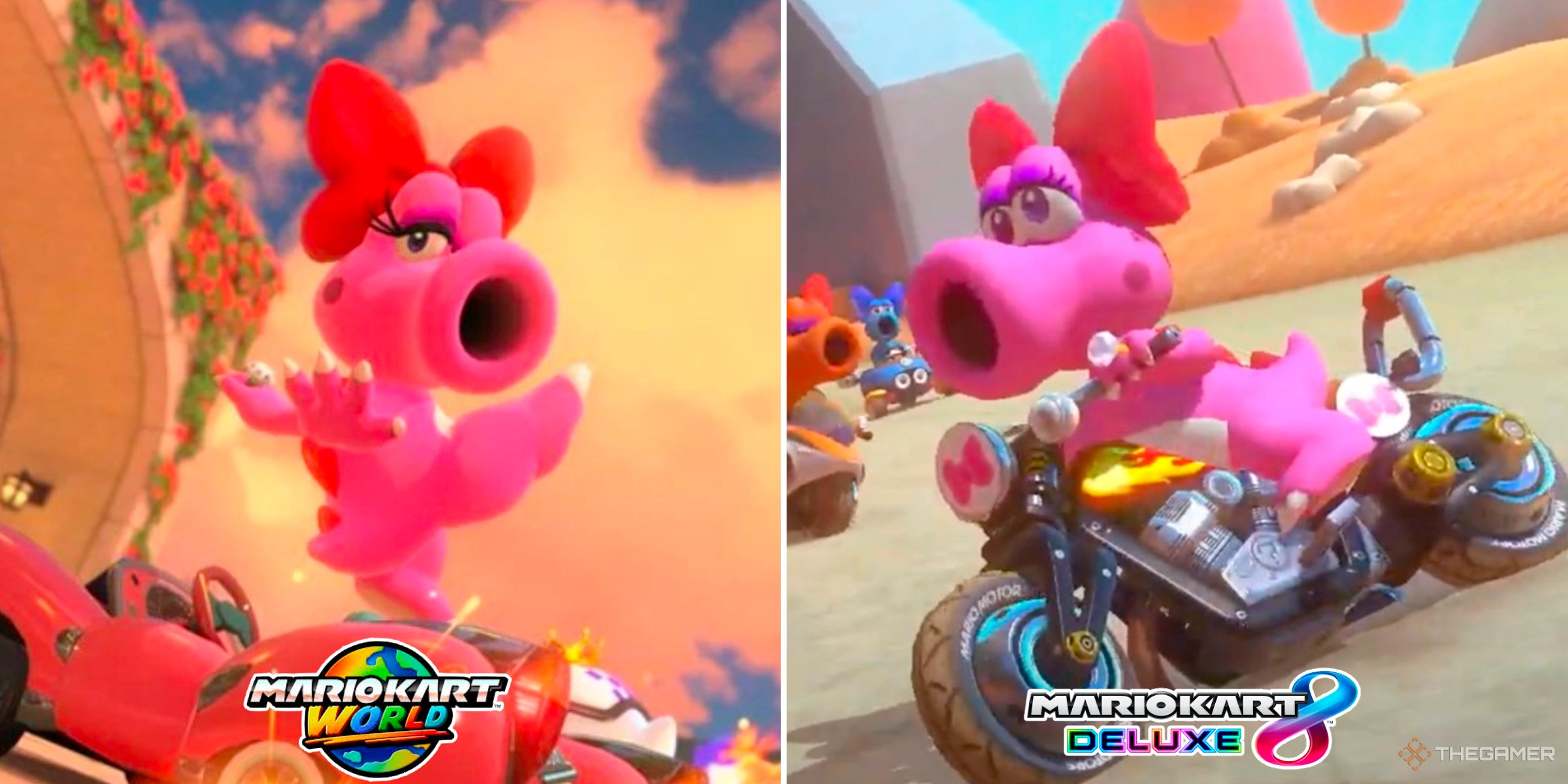 Birdo in Mario Kart World next to Birdo in Mario Kart 8 Deluxe.