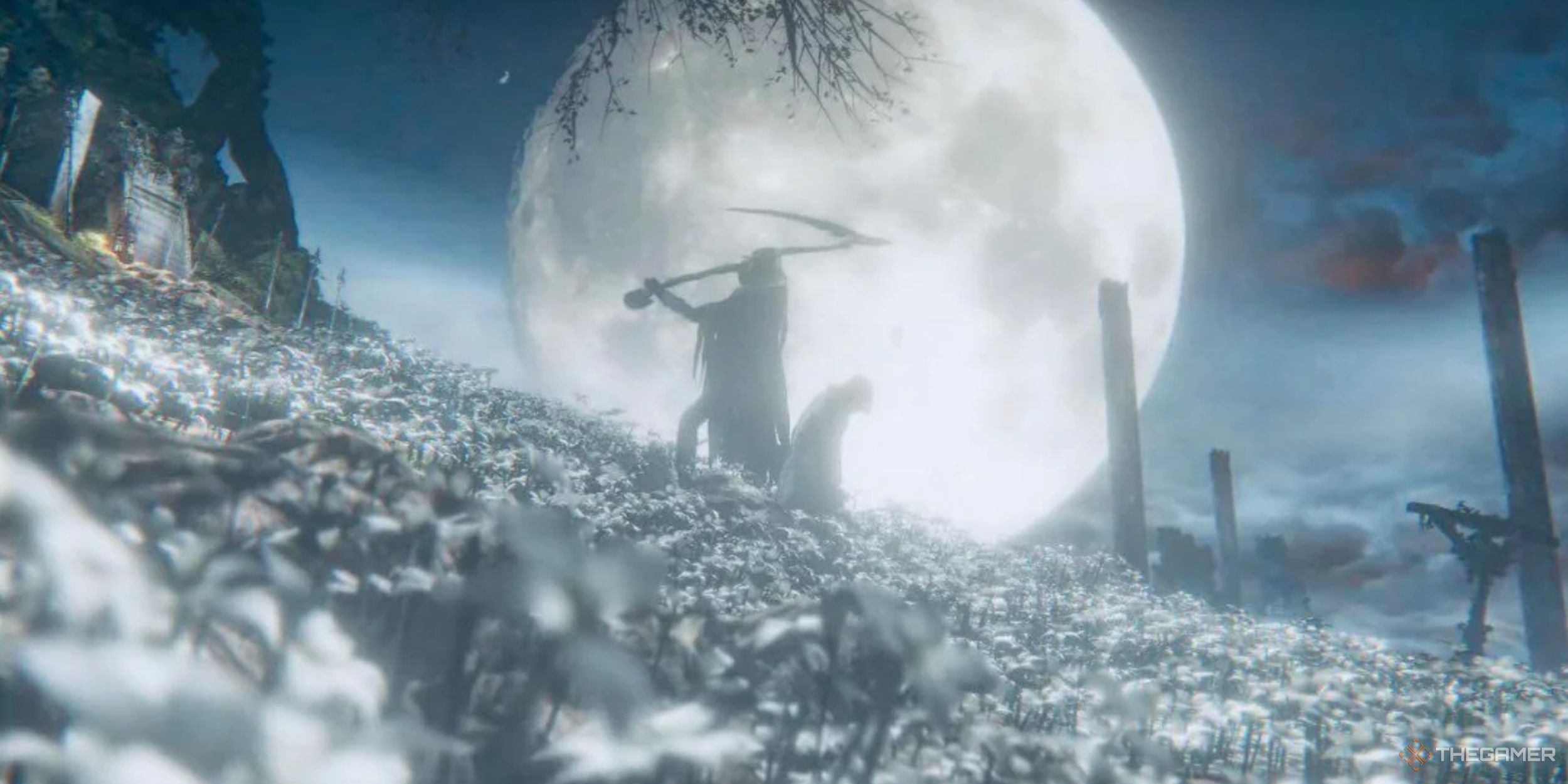Gehrman, the First Hunter, decapitating the Good Hunter's head in a field of flowers while in front of an enormous moon in Bloodborne.