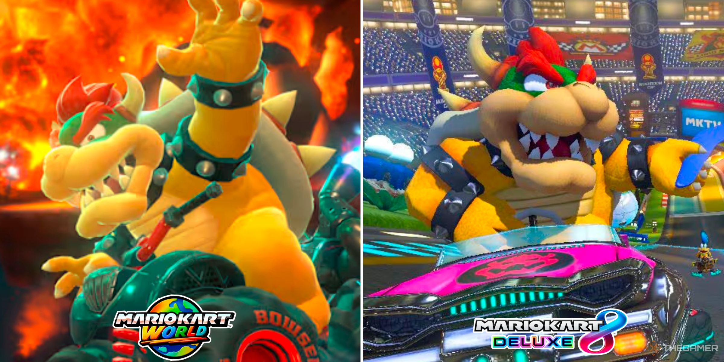 Bowser in Mario Kart World next to Bowser in Mario Kart 8 Deluxe.