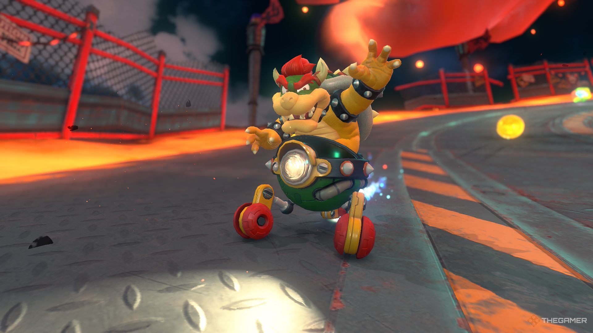 Bowser striking a poke while driving along a lava filled roadway in Mario Kart World