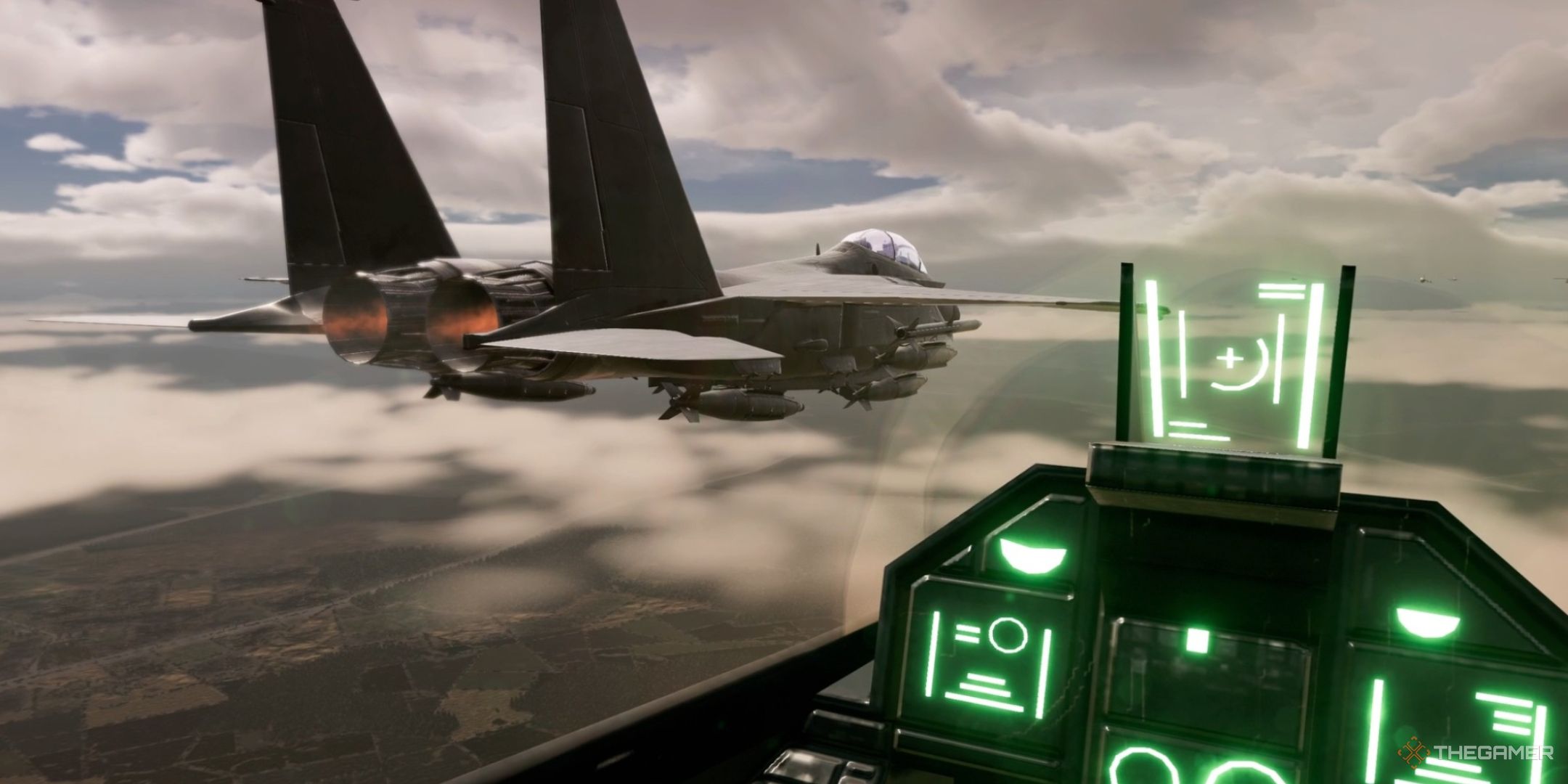 the view from inside the cockpit of a fighter jet, with another jet visible to port, during a cutscene in broken arrow.