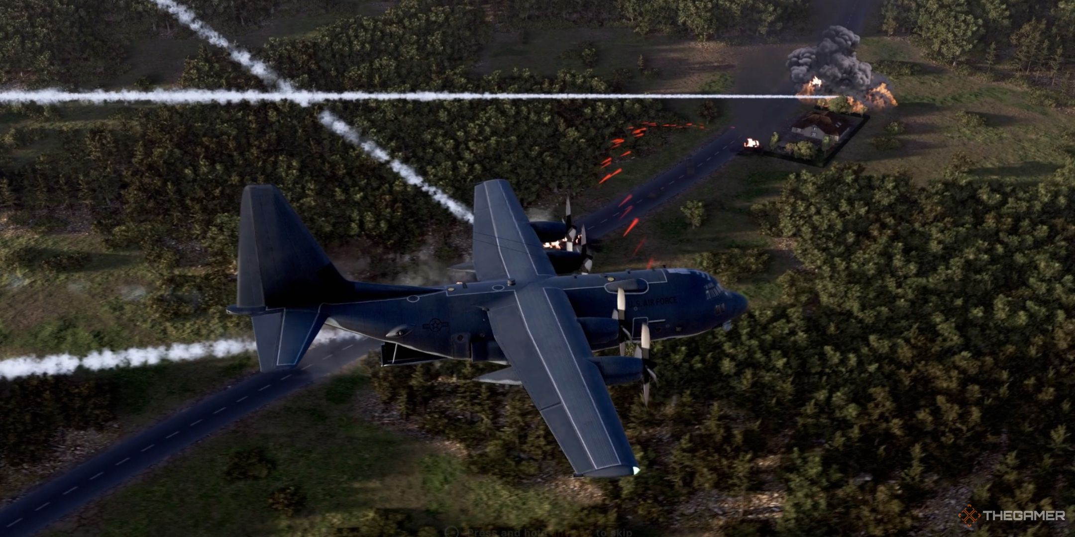 a gunship destroys a ground-based target during a cutscene in broken arrow.