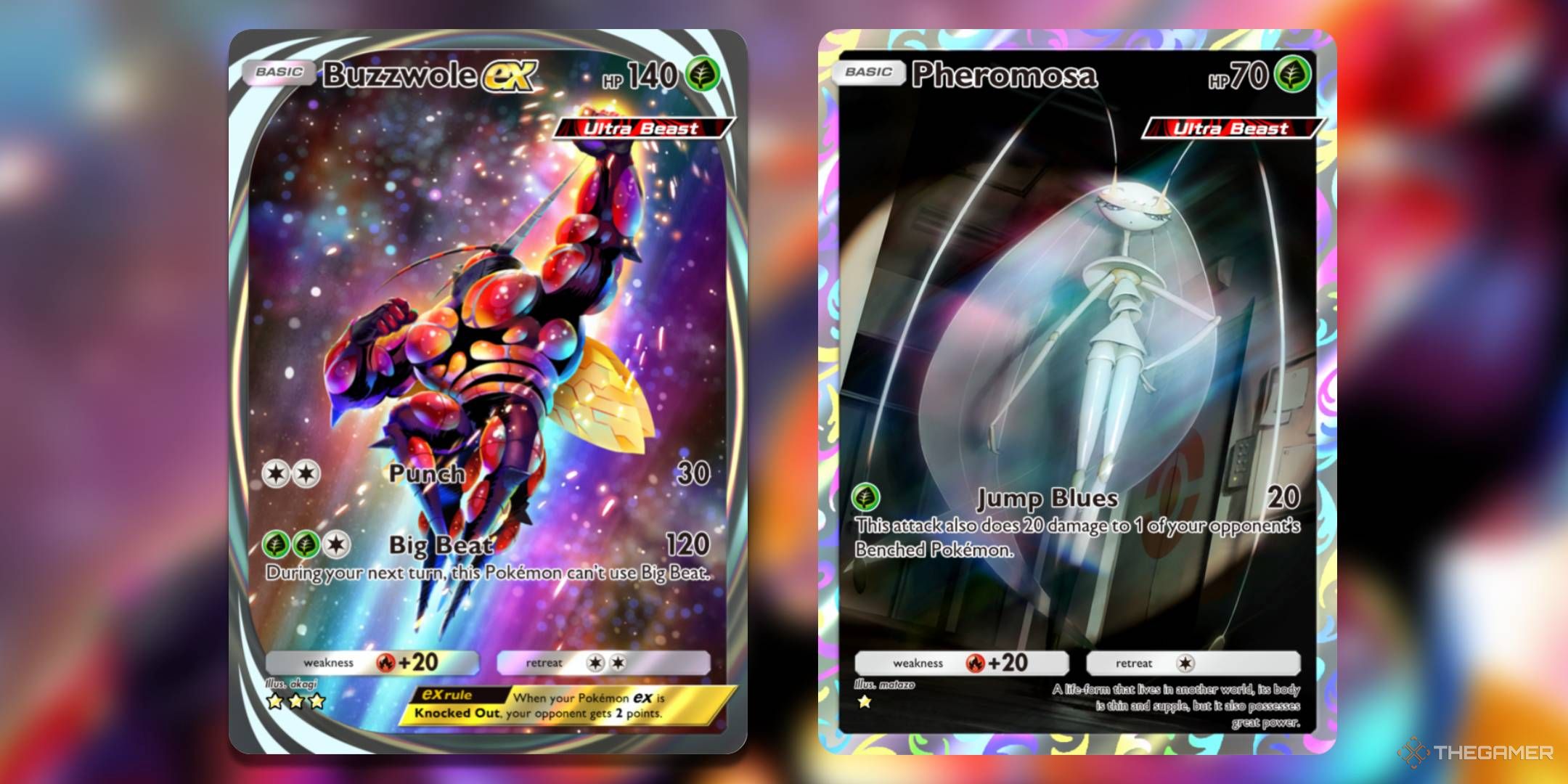 The Immersive Buzzwole ex and Illustration Rare Pheromosa cards, from Pokemon TCG Pocket's Extradimensional Crisis expansion.