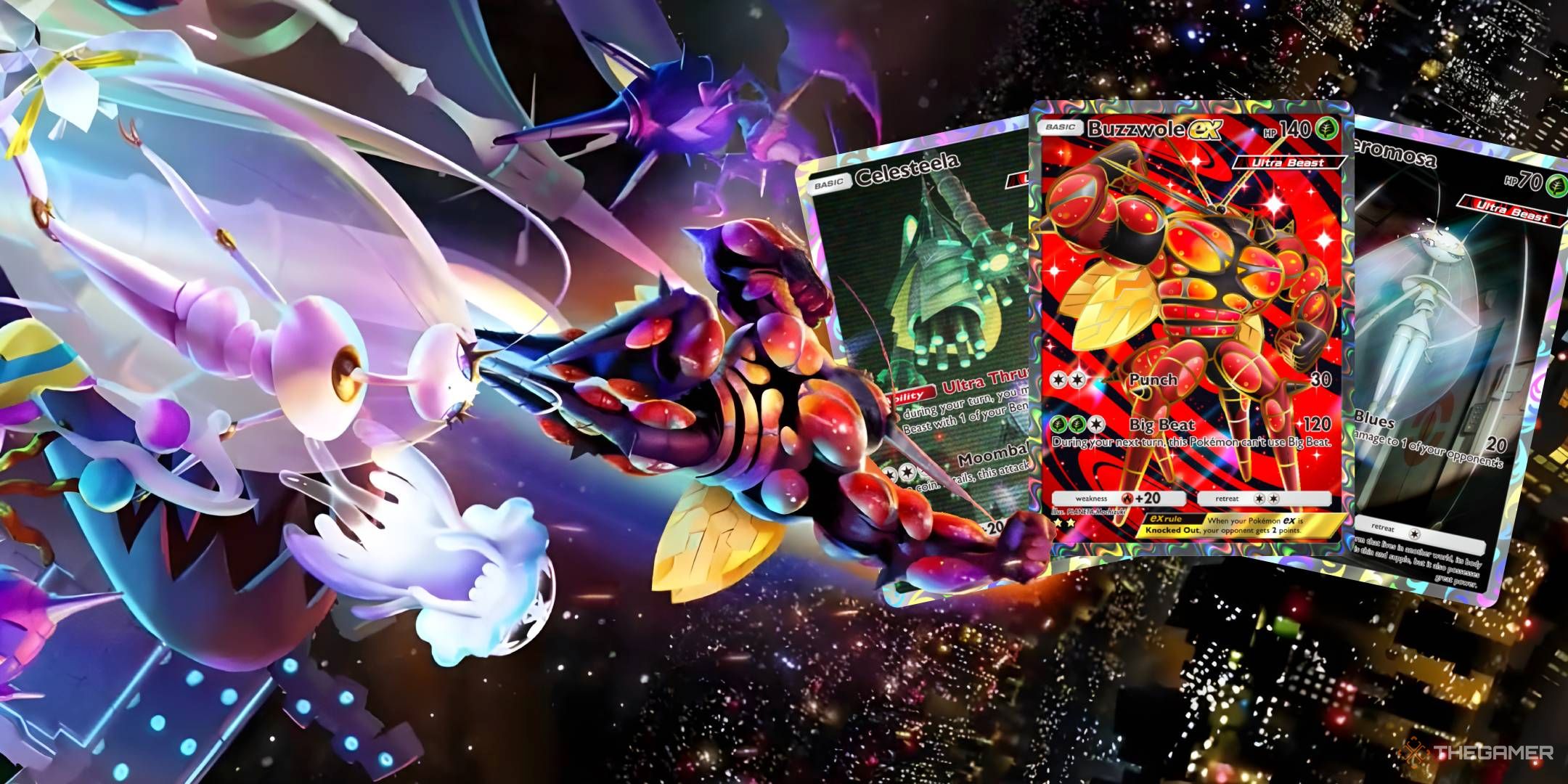 Buzzwole and the rest of the Ultra Beasts exit an Ultra Wormhole to attack a city behind the Buzzwole ex, Celesteela, and Pheromosa cards.