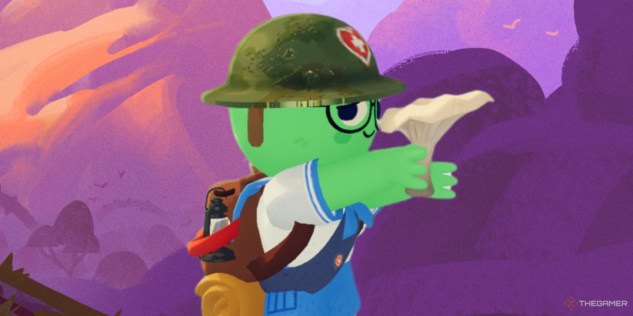 Character posing with a mushroom in Peak.