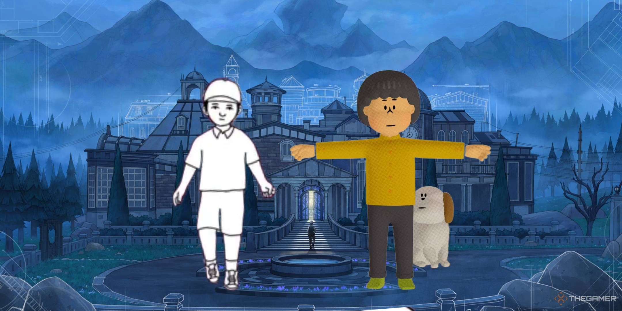 characters from despelote and to a t in front of the mansion from blue prince