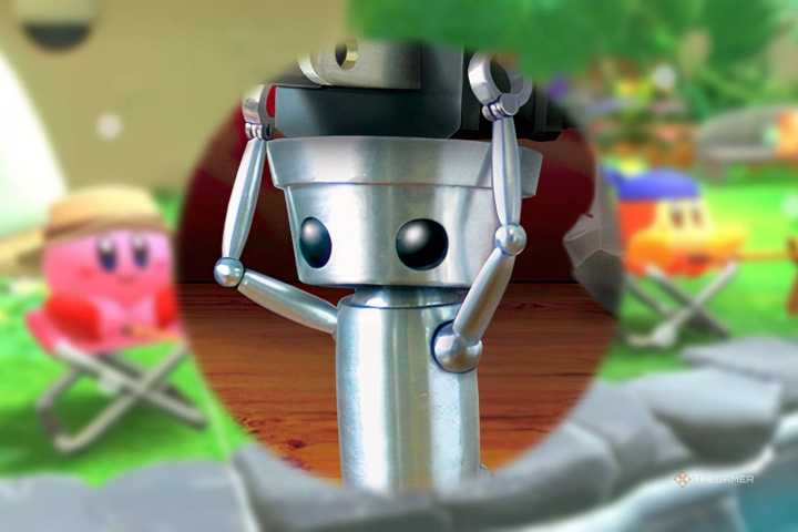 Chibi Robo on blurred Kirby and Waddle Dee background.