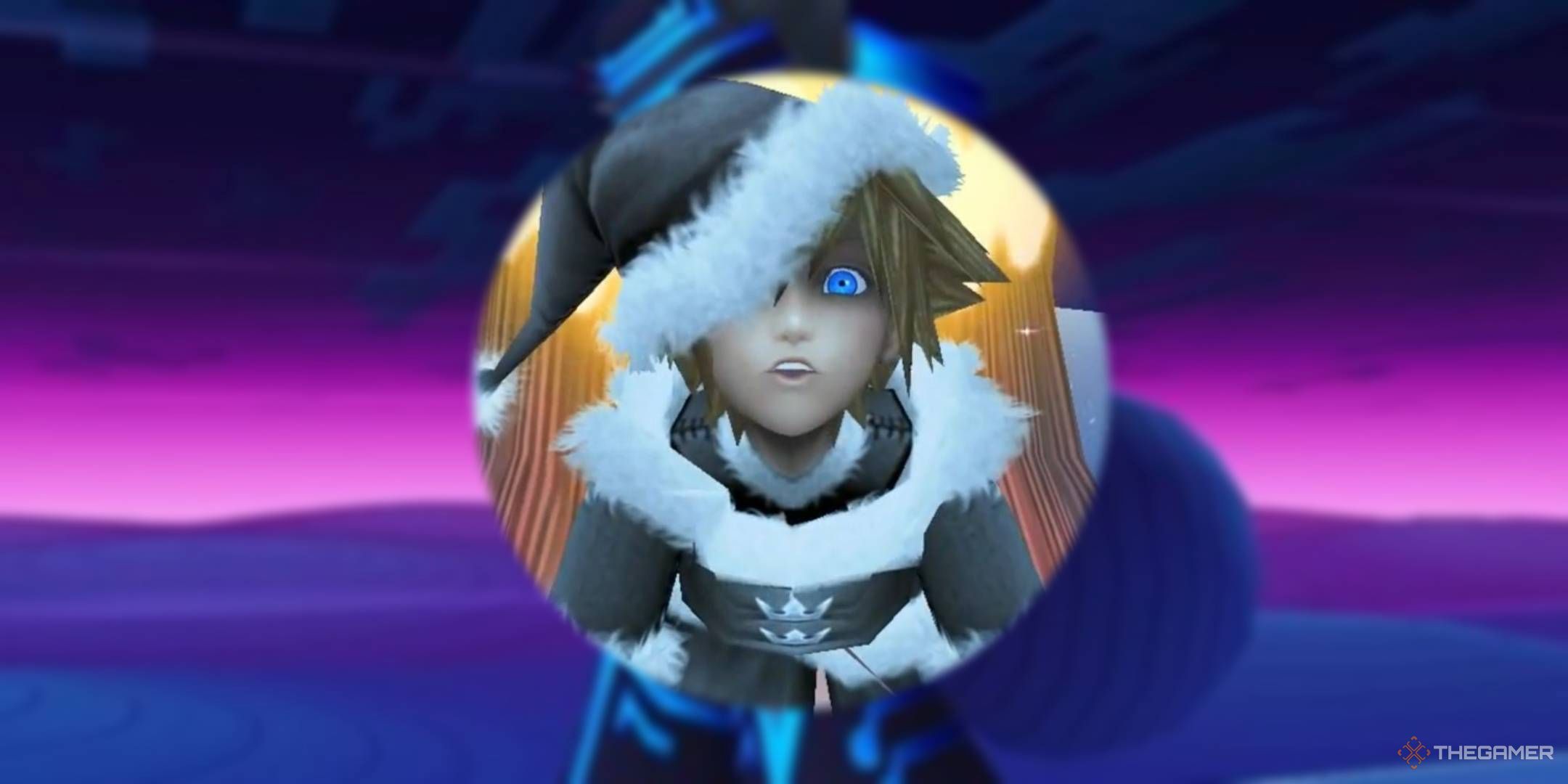Christmas Town Sora looking surprised over blurred Space Paranoids background from Kingdom Hearts.