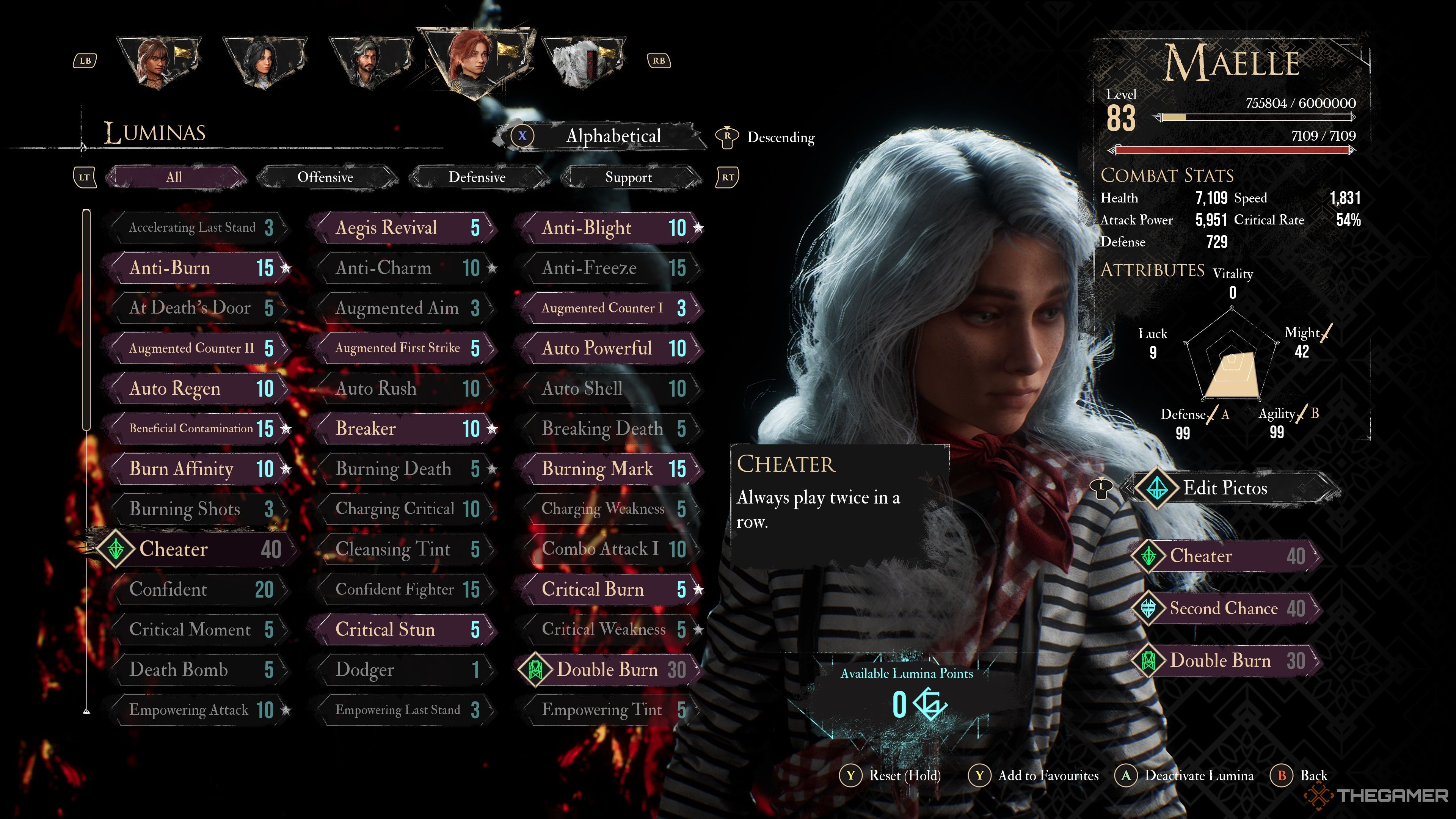 The Cheater Lumina in the menu in Clair Obscur: Expedition 33.