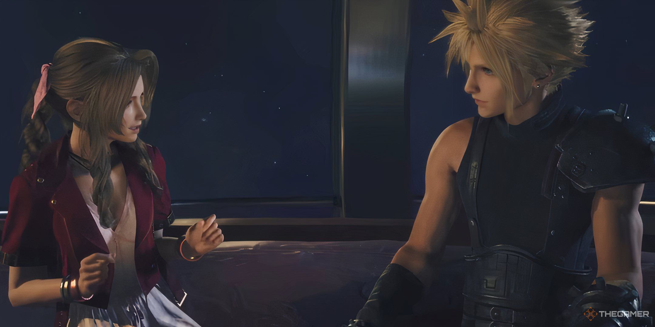 Cloud Strife and Aerith Gainsborough share a moment on the Gold Saucer gondola in Final Fantasy 7 Rebirth.