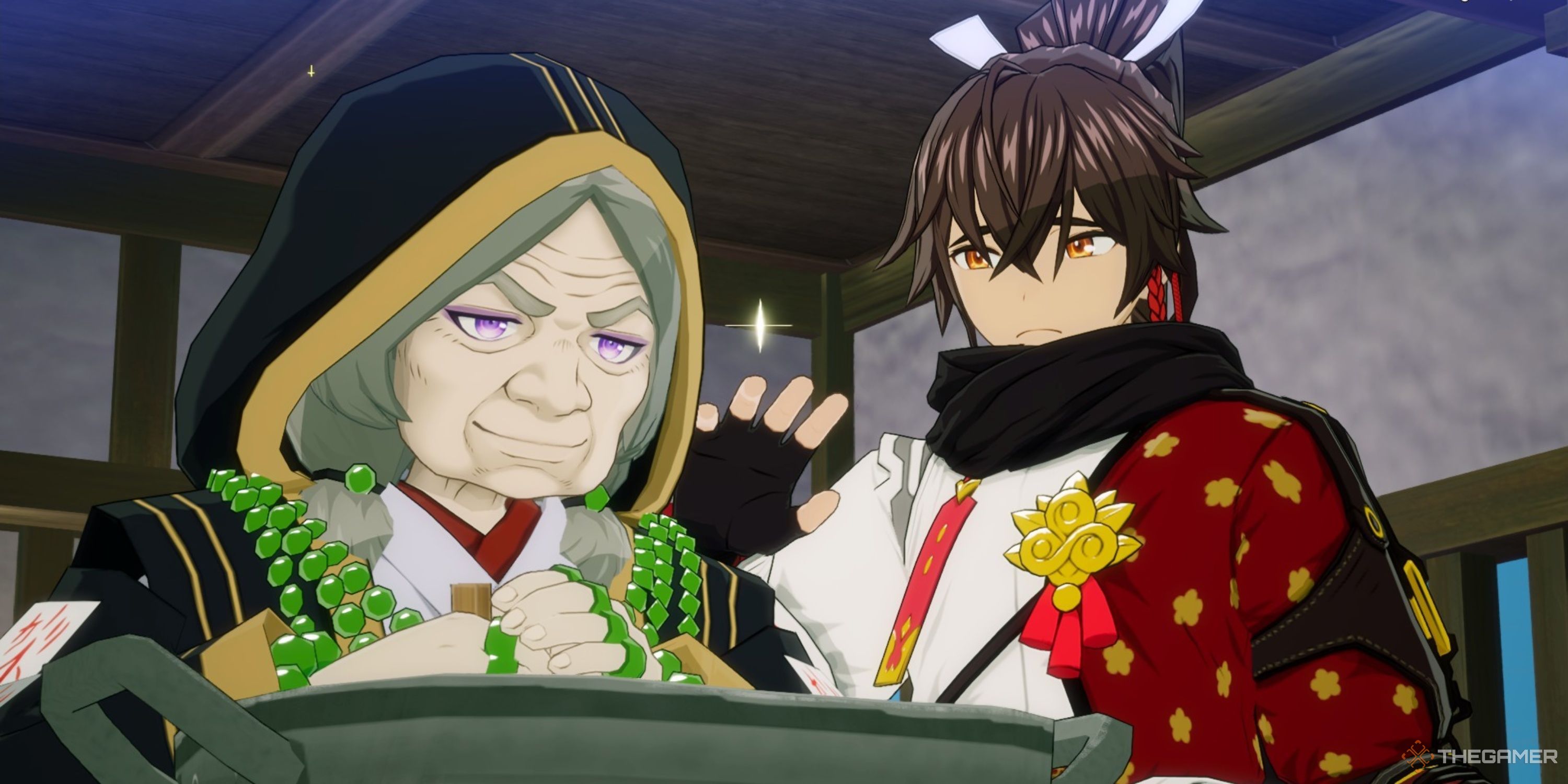 Cooking with an NPC and looking worried in Rune Factory Guardians of Azuma.