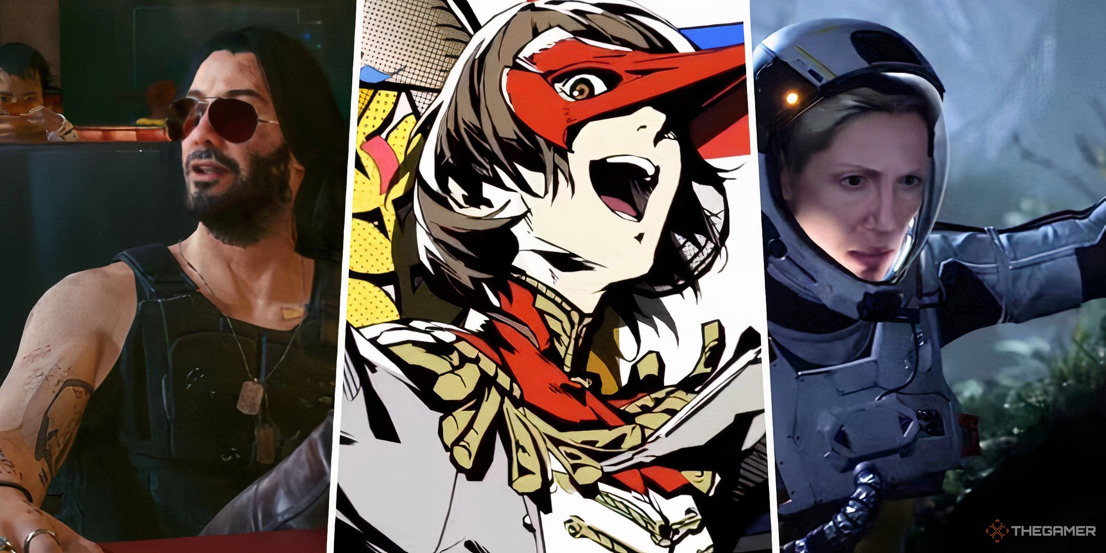 Johnny from Cyberpunk, Crow from Persona 5, and Selene from Returnal in a split image.