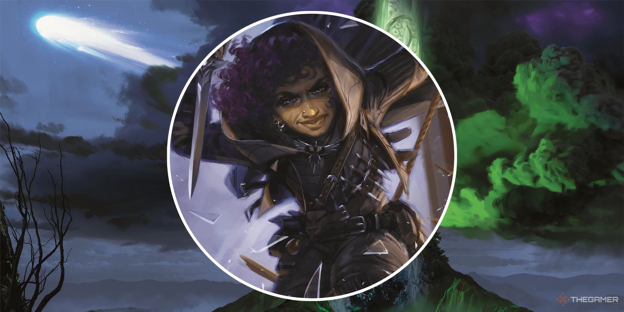 A rogue character in DND in a split image with a green glowing column of light.