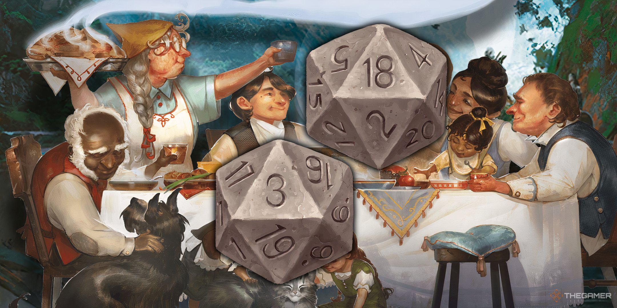 An image of two d20s against a group of halflings having a home-cooked meal. 