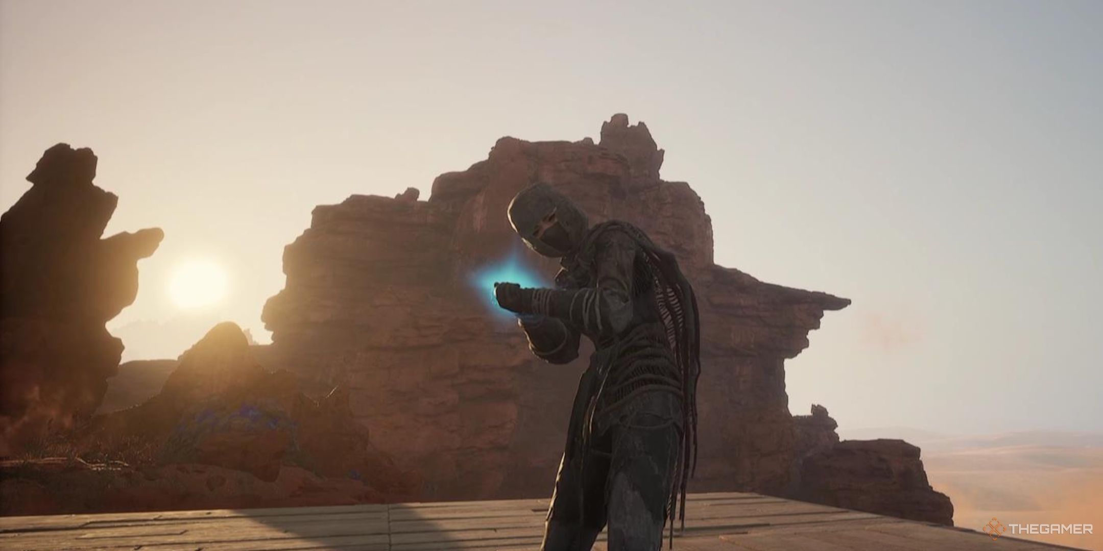 Mel'la Yel'la uses the Ixian Secrets Emote in front of the rising sun in Dune: Awakening.