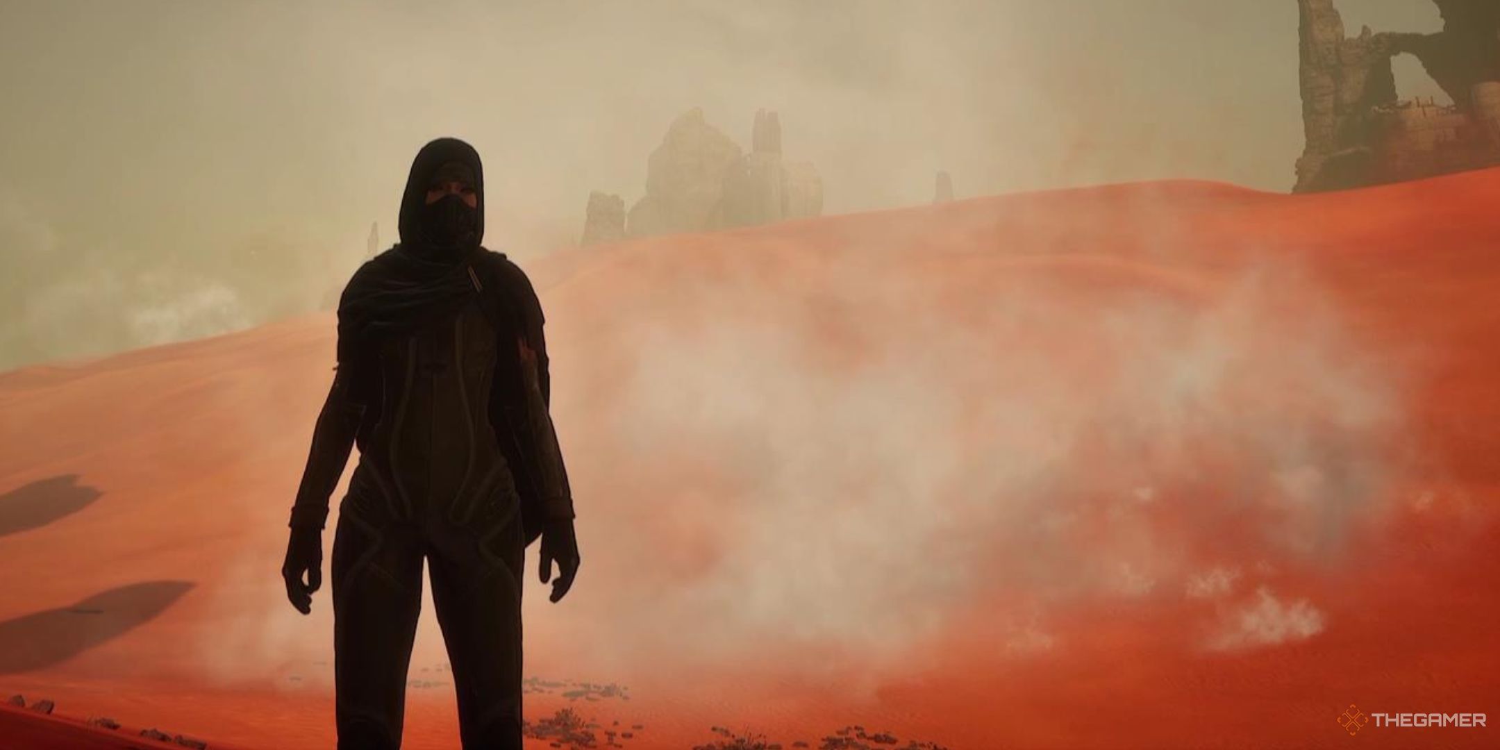 A character stands in front of a patch of Flour Sand in Dune Awakening.