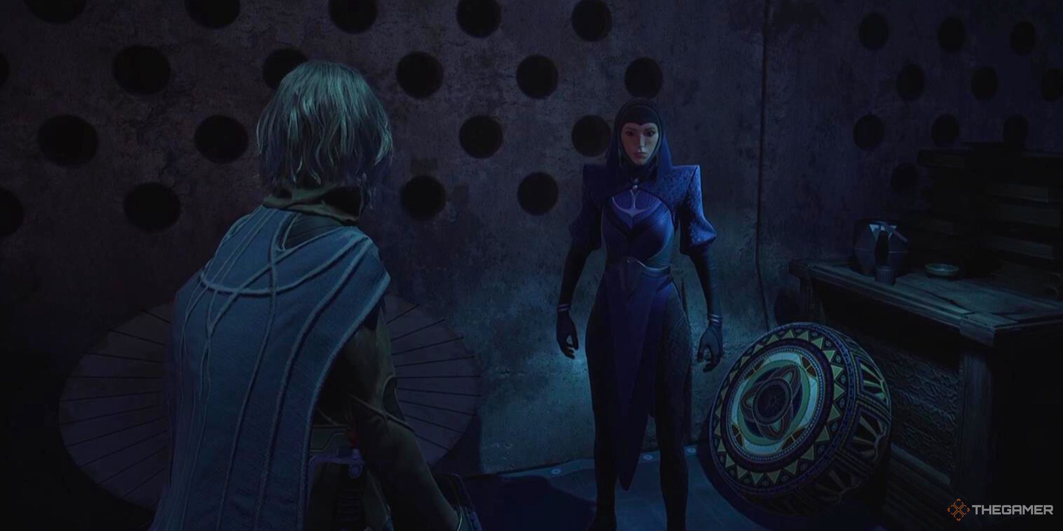 A Basic Bene Gesserit Trainer stands in front of Mel'la Yel'la in Dune Awakening.
