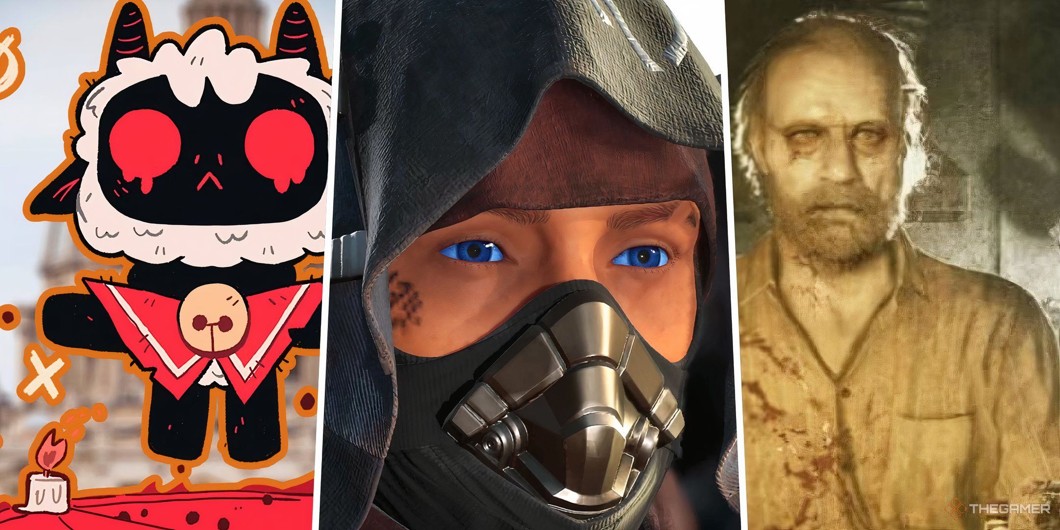 A split image of Cult of the Lamb, a character from Dune: Awakening, and a member of the Baker family in Resident Evil 7.