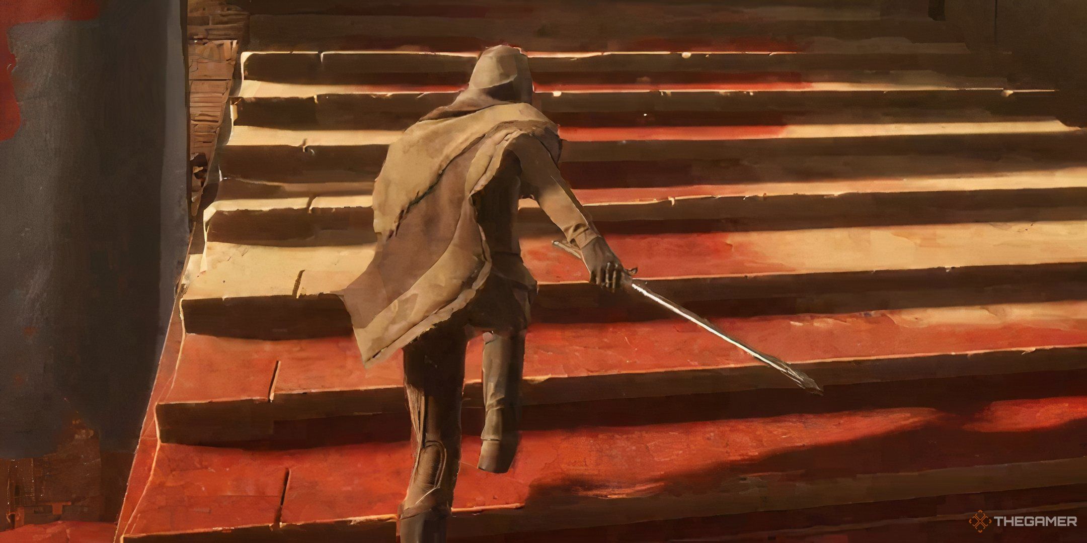 A swordmaster in Dune: Awakening wields a sword and runs up a flight of stairs.