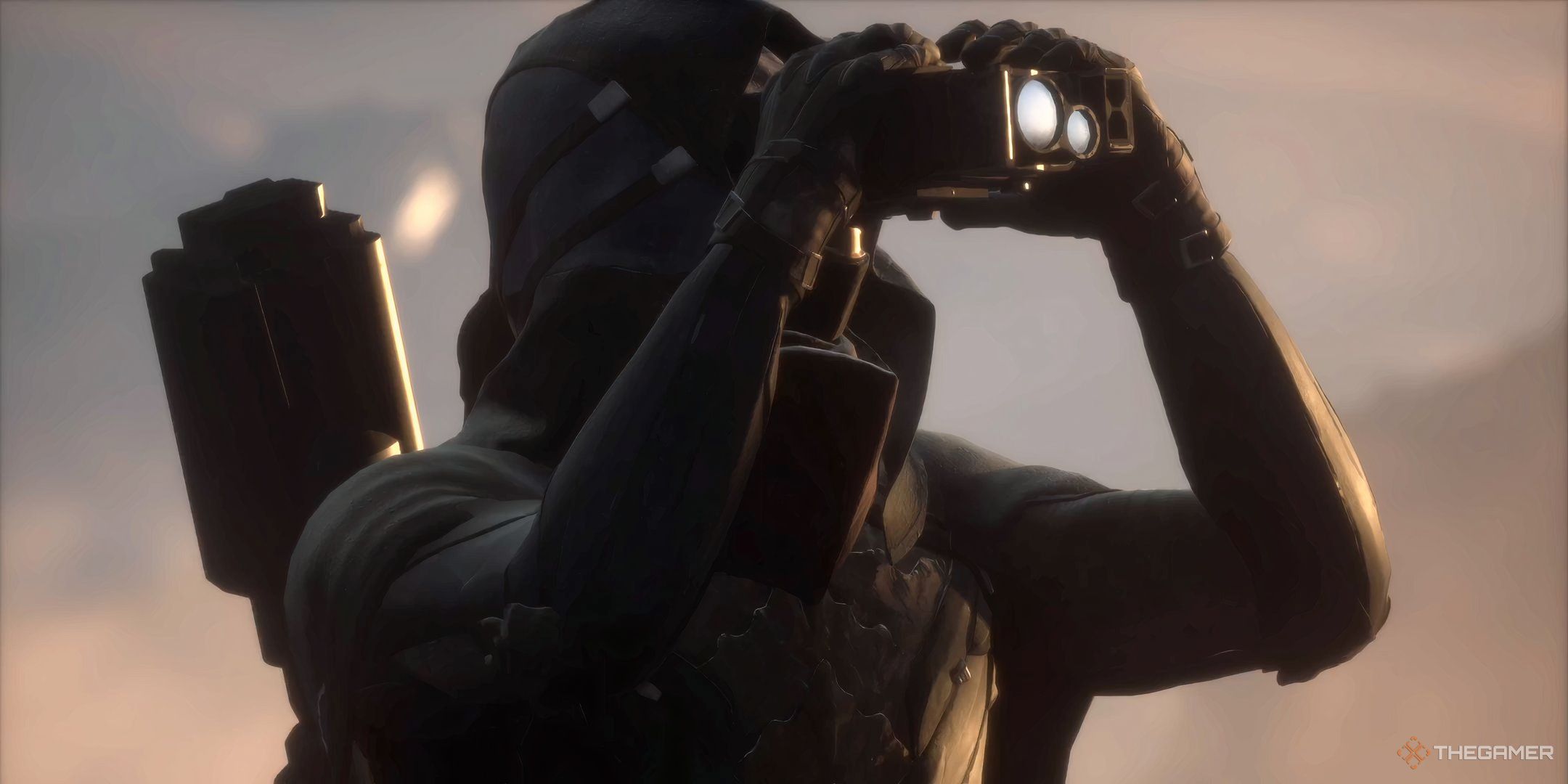 A character in Dune: Awakening surveying an area with binoculars.