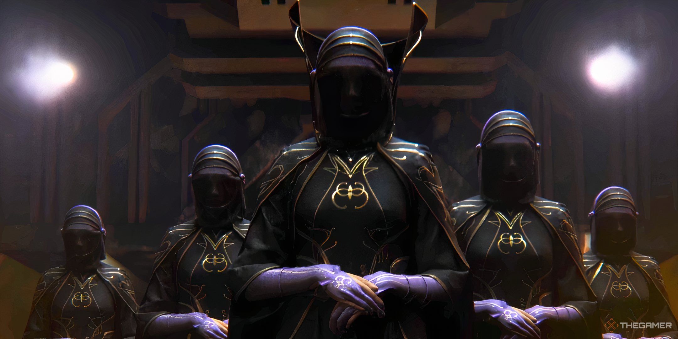 The Bene Geserit in Dune: Awakening, robed women with black veils. 