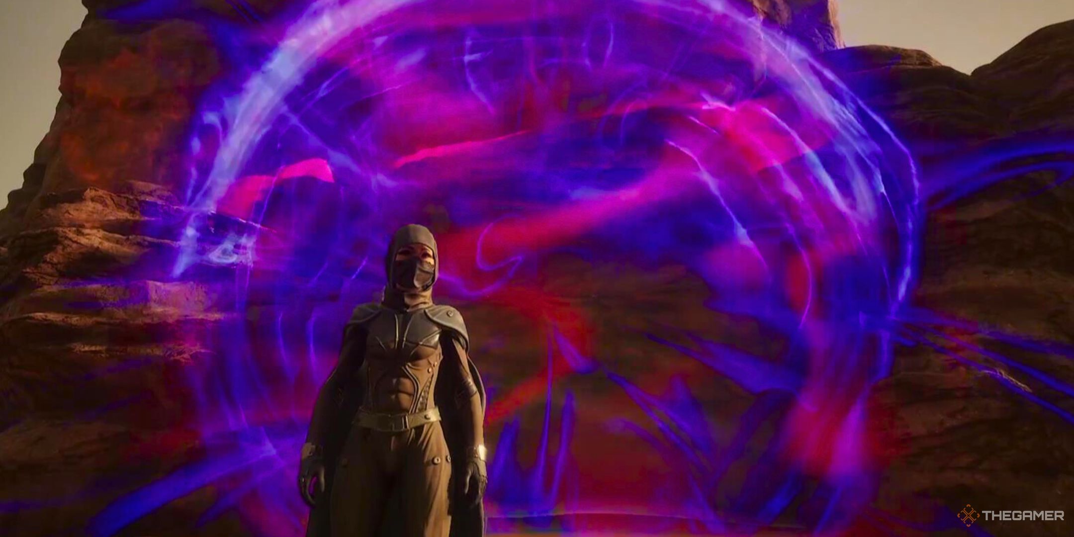 A gravity implosion erupts behind a character in Dune Awakening.