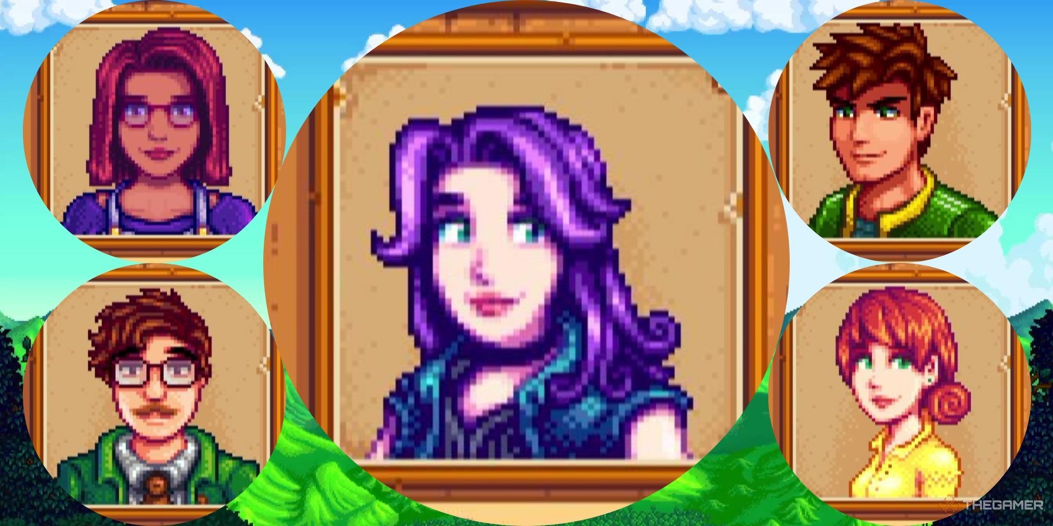 Abigail is in a portrait in the center, with Maru and Harvey on the left, and Penny and Alex on the right, all in Stardew Valley.
