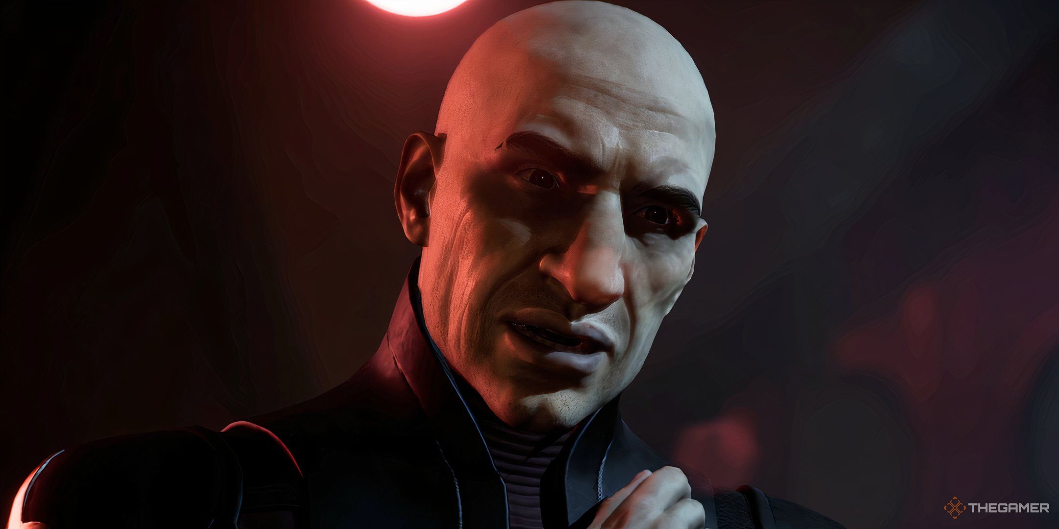 A bald, pale Harkonnen man sneering in Dune: Awakening.