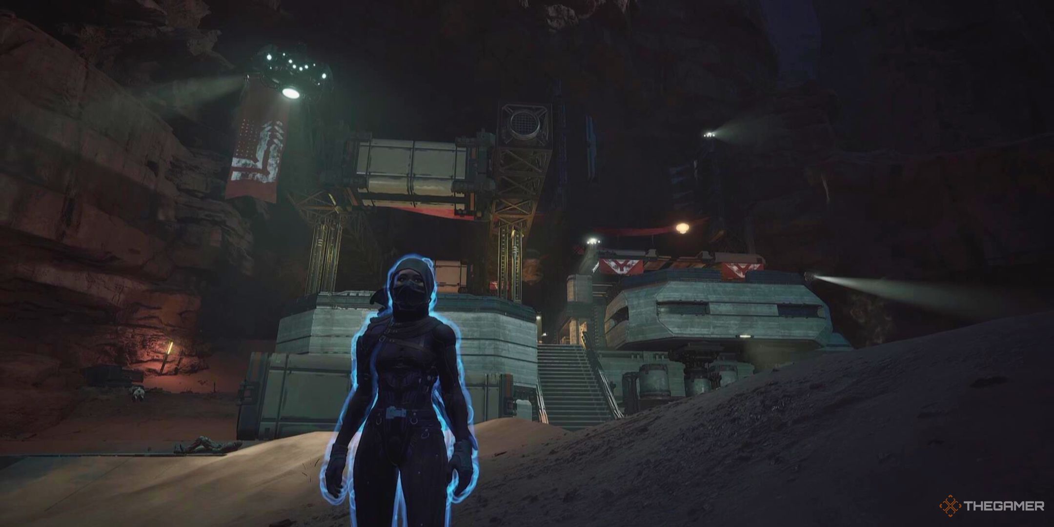 A character outlined by a shield stands in front of Sentinel City in Dune Awakening.