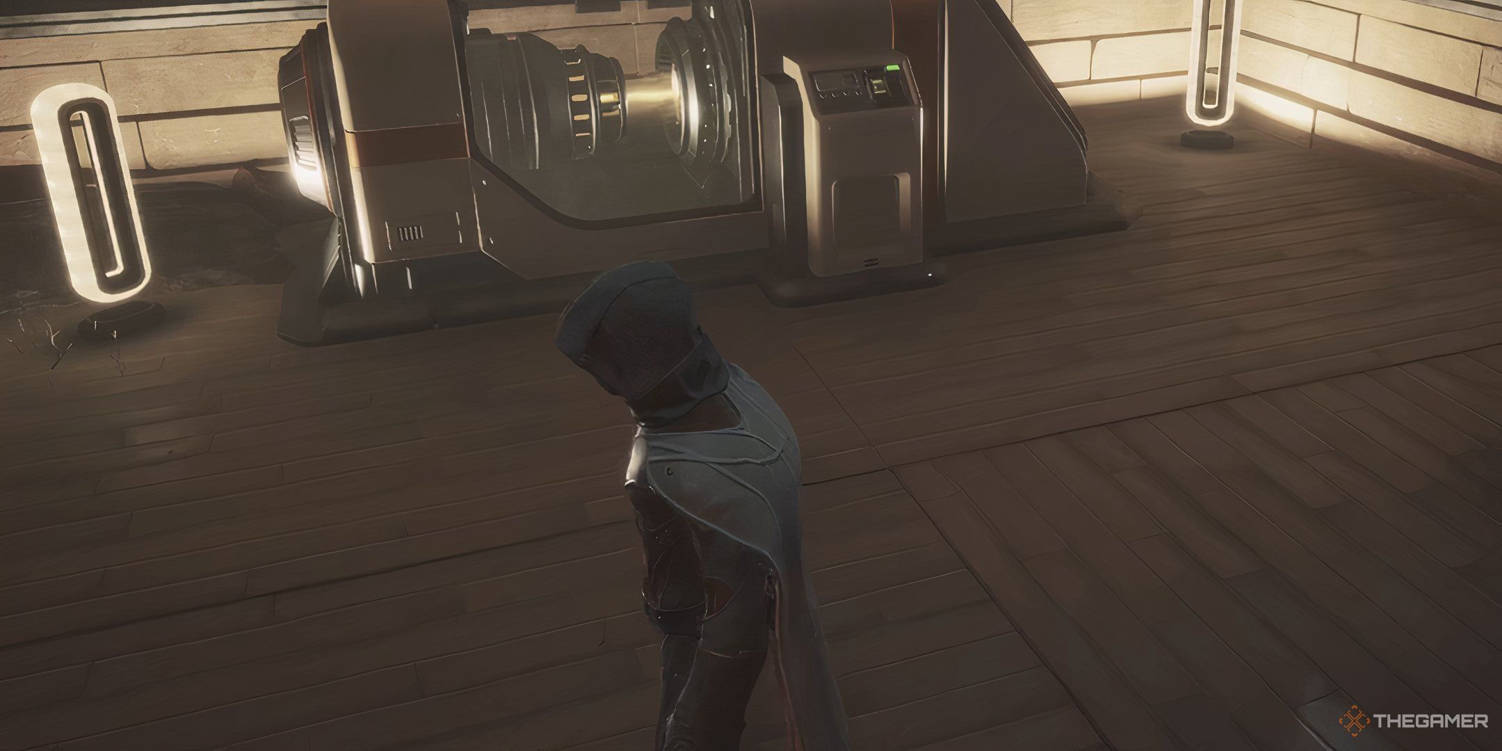 A player character stands near a power generator in their sub-fief in Dune: Awakening.