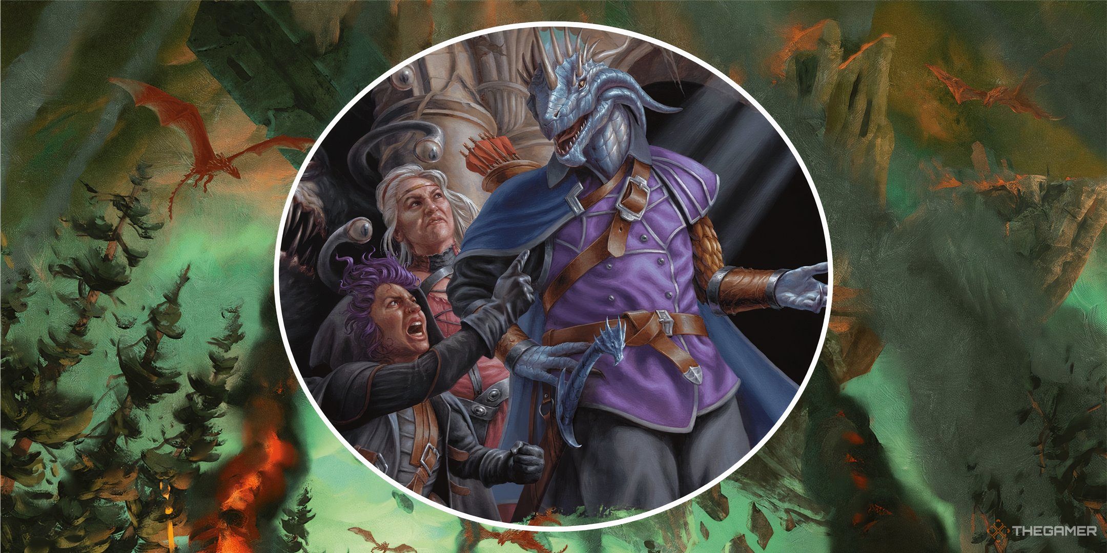 A party in Dnd fighting amongst themselves against a backdrop of a fiery fortress collapsing.