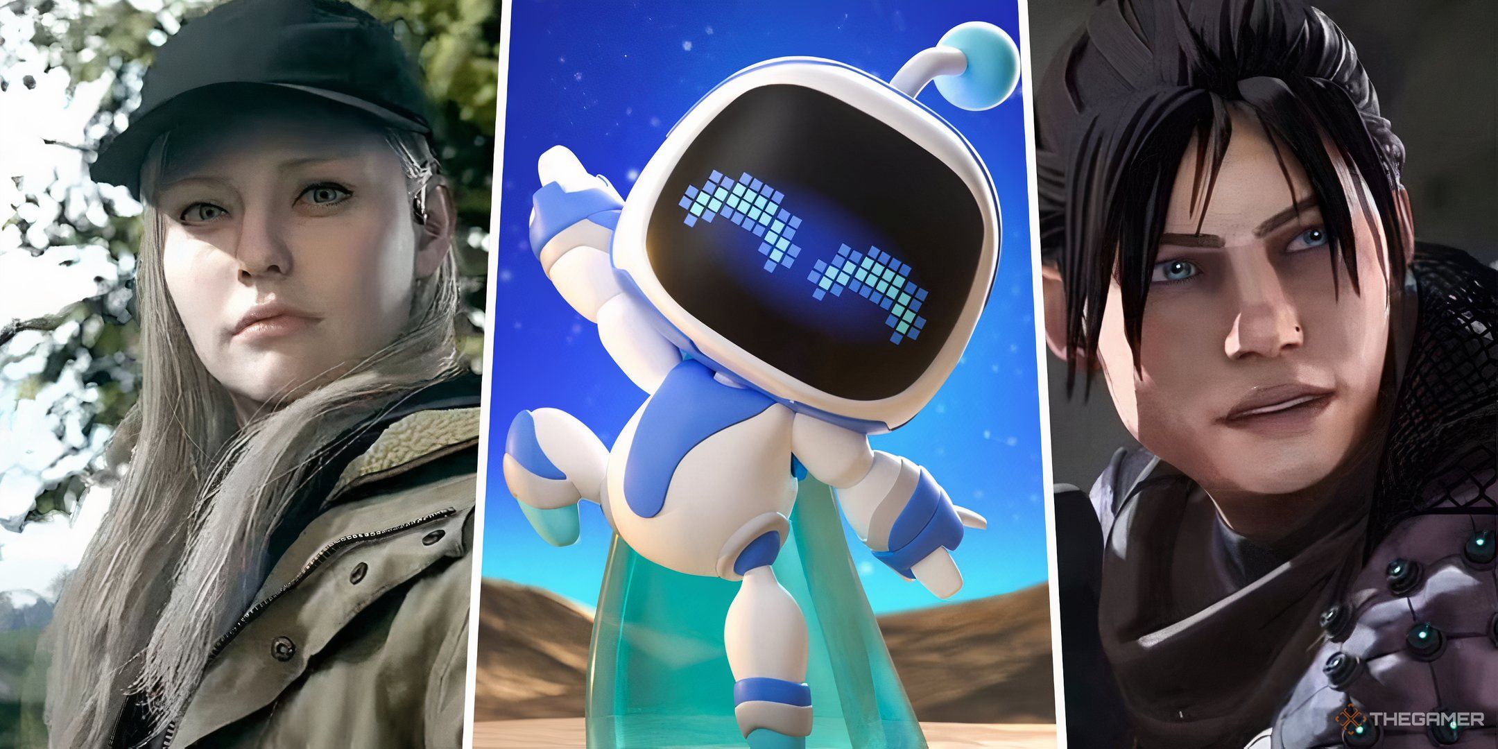 A character from Resident Evil, Astro Bot, and a character from Apex Legends in a split image with one another.